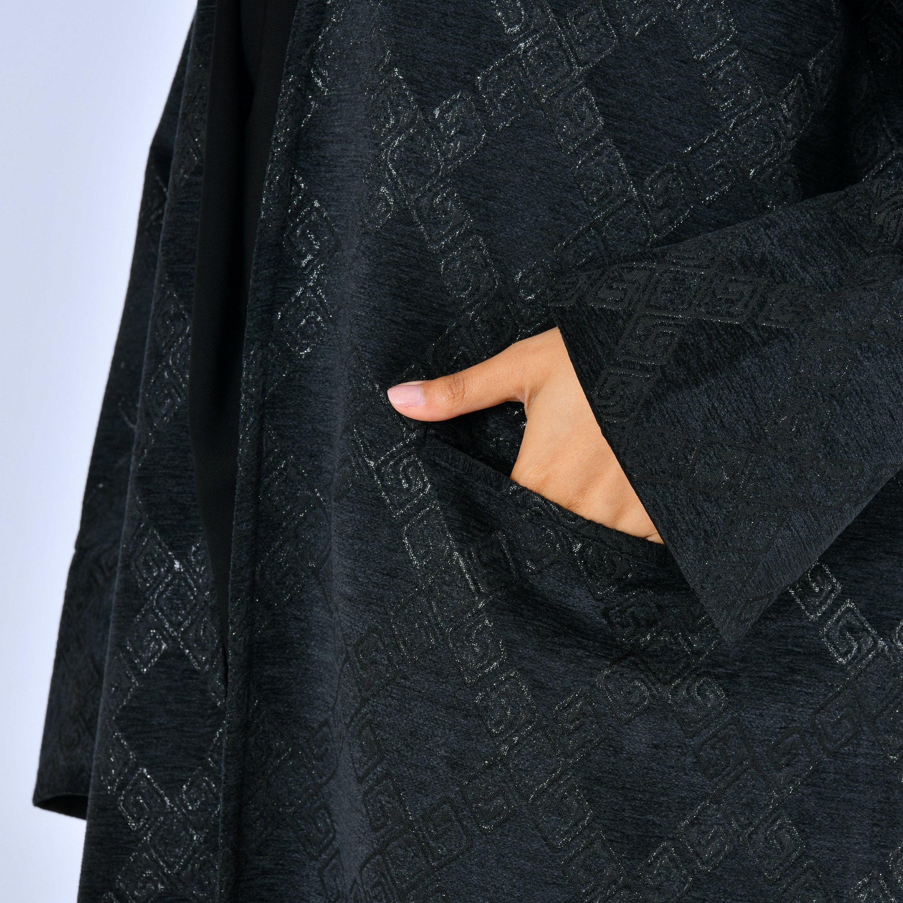 Lamha Black Geometric Suede Women's Abaya with Hijab-women-arabicclothing-abayas-image-4