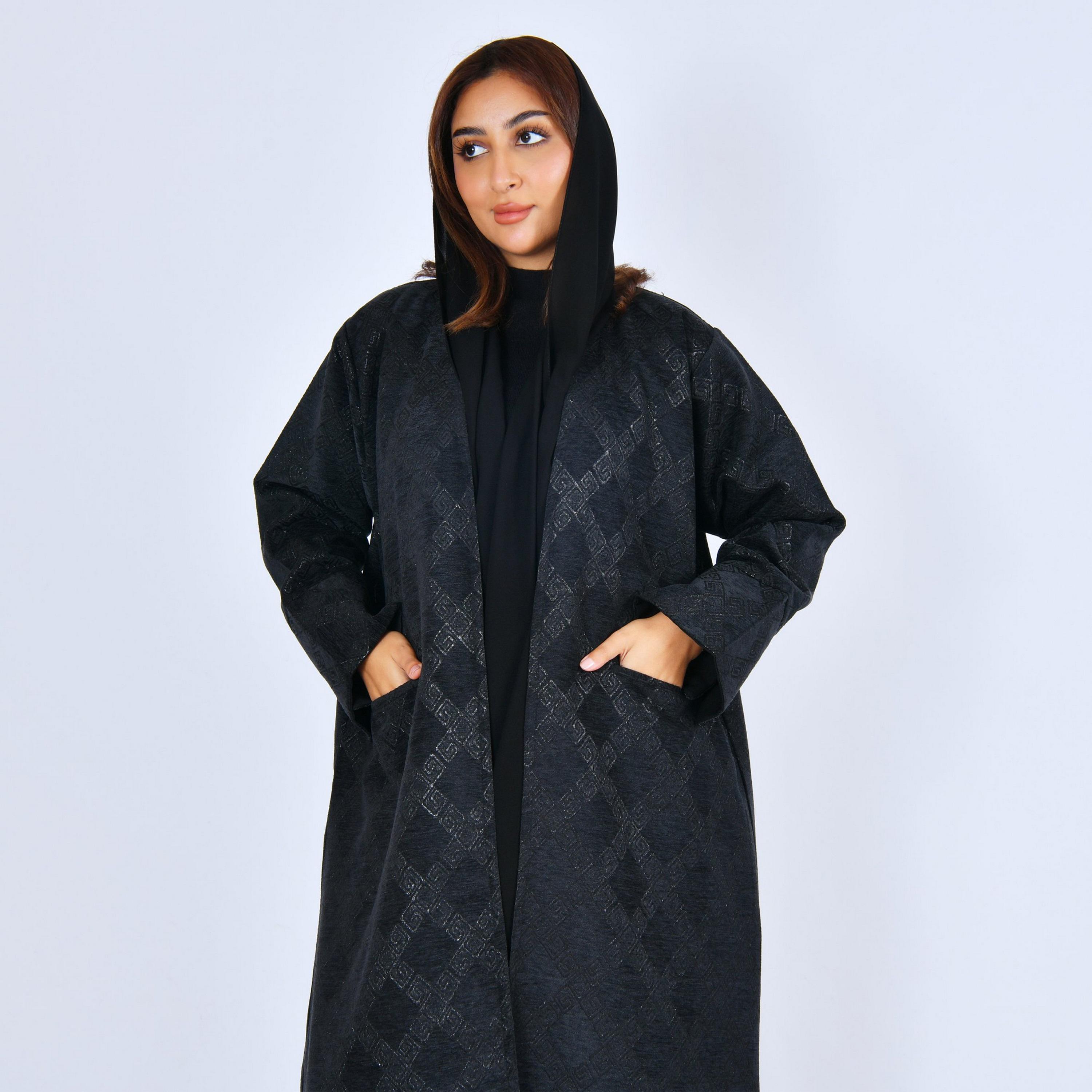 Lamha Black Geometric Suede Women's Abaya with Hijab-women-arabicclothing-abayas-image-5