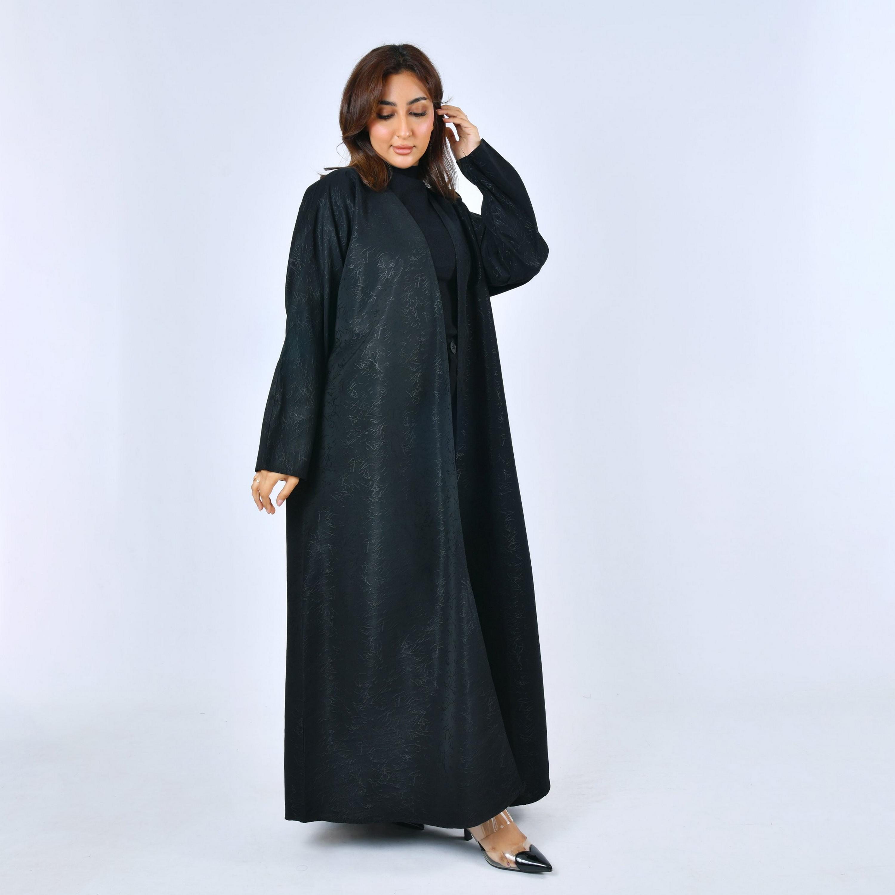 Lamha Black Printed Linen Women's Abaya-women-arabicclothing-abayas-image-1