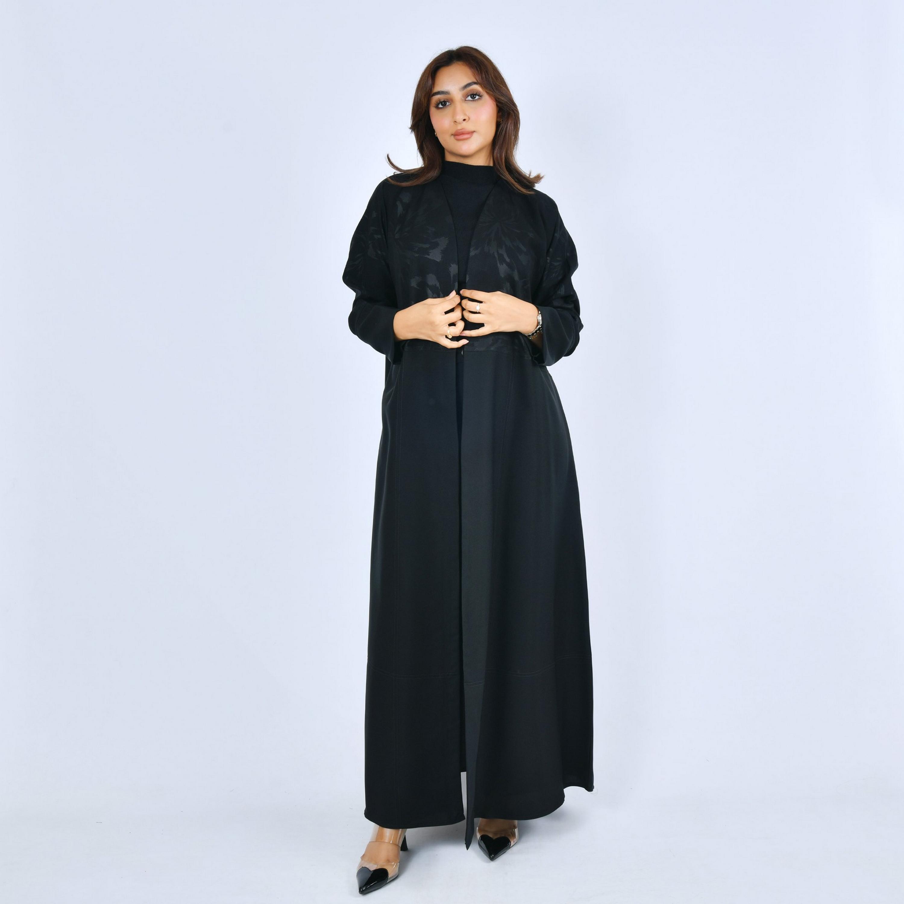 Lamha Black Printed Linen Women's Flowy Cut Abaya-women-arabicclothing-abayas-image-1
