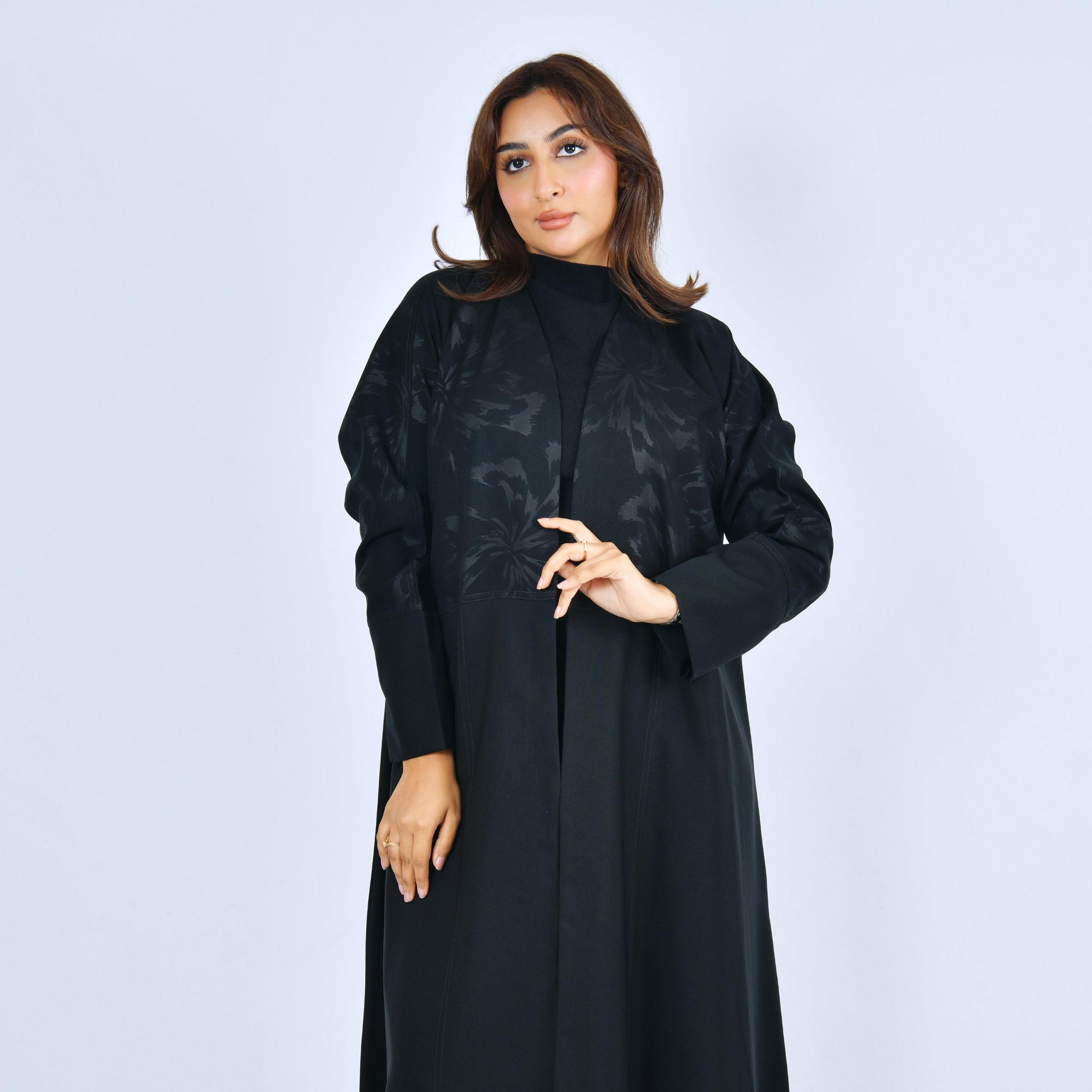Lamha Black Printed Linen Women's Flowy Cut Abaya-women-arabicclothing-abayas-image-2