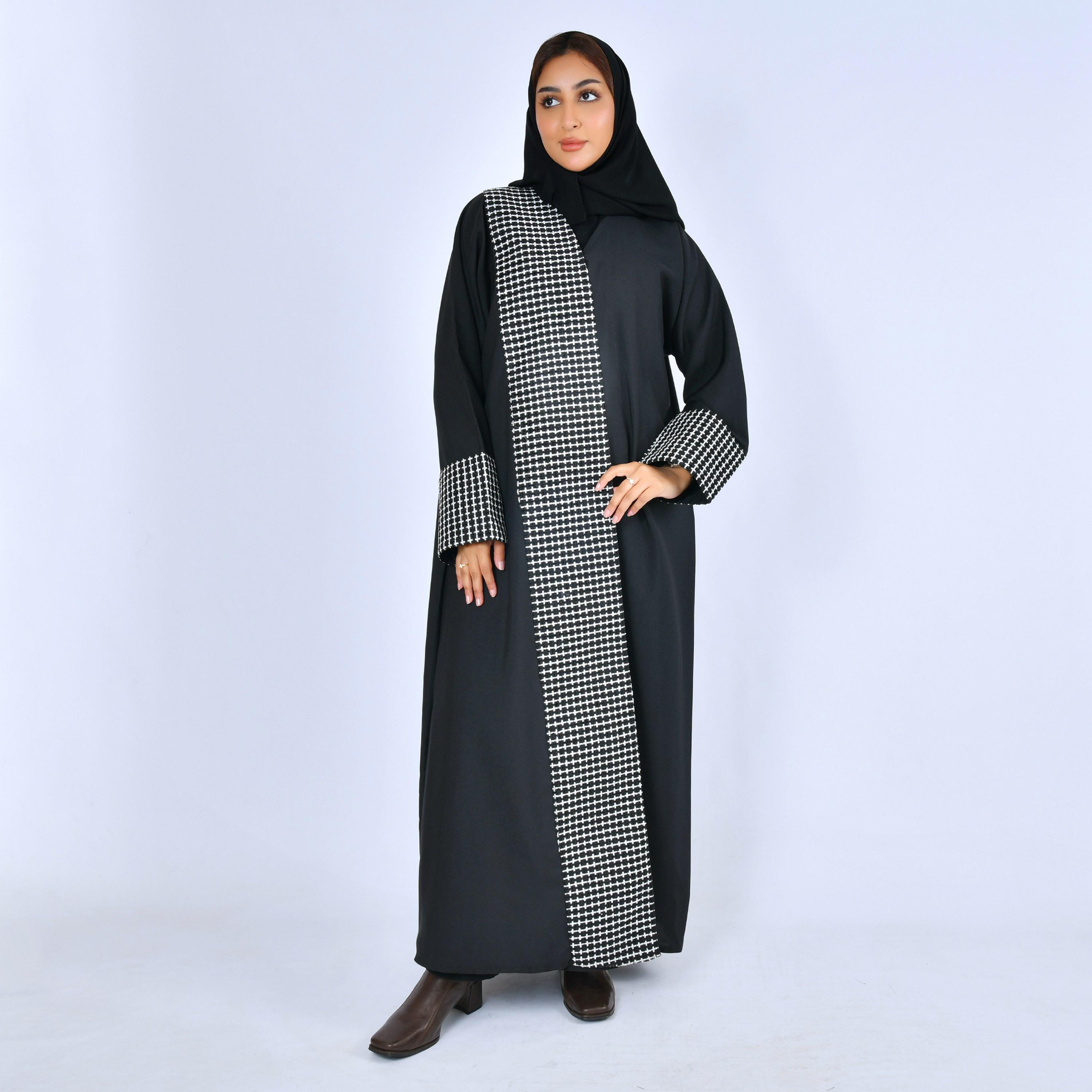 Lamha Black Geometric Linen Women's Evening Abaya with Hijab-women-arabicclothing-abayas-image-1