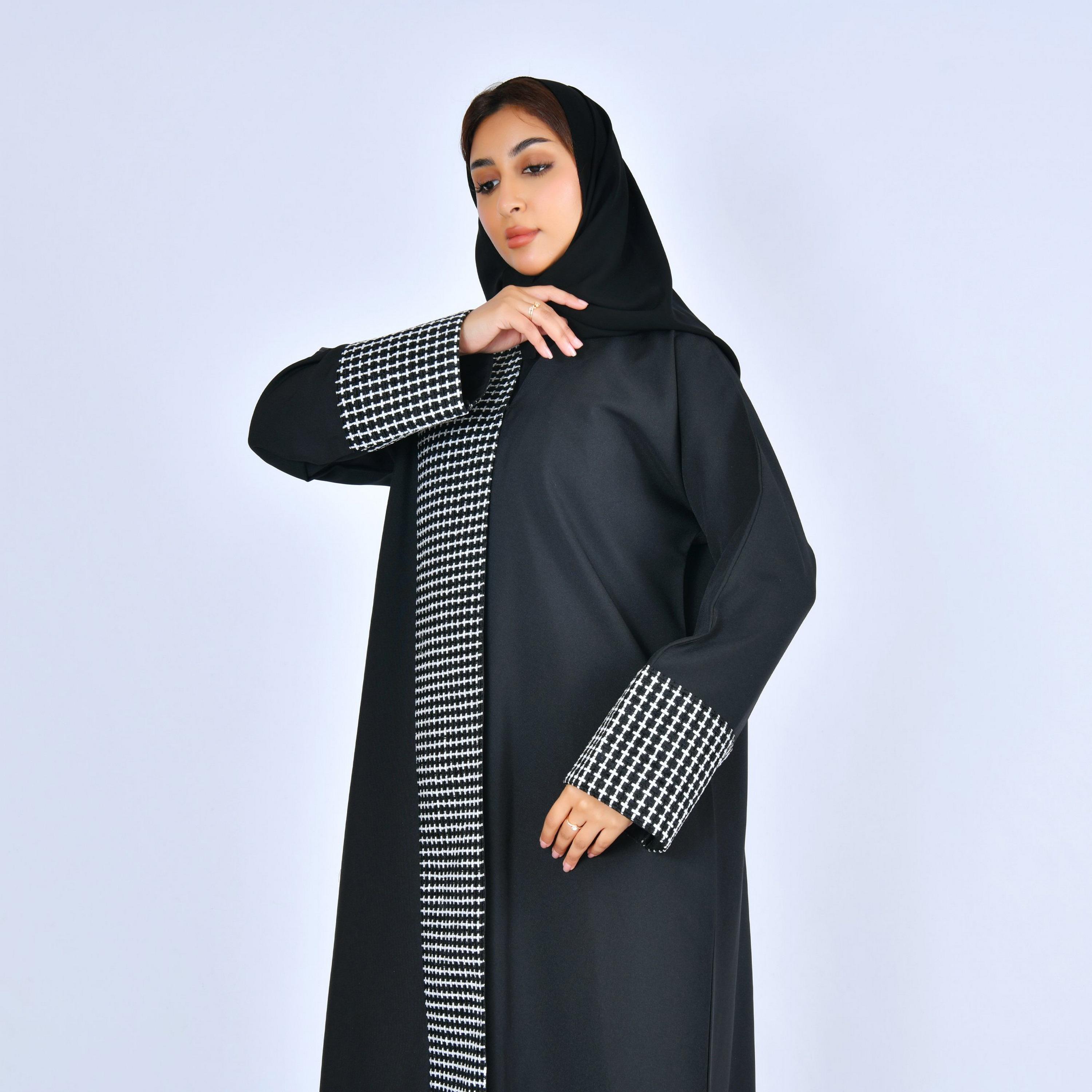 Lamha Black Geometric Linen Women's Evening Abaya with Hijab-women-arabicclothing-abayas-image-2