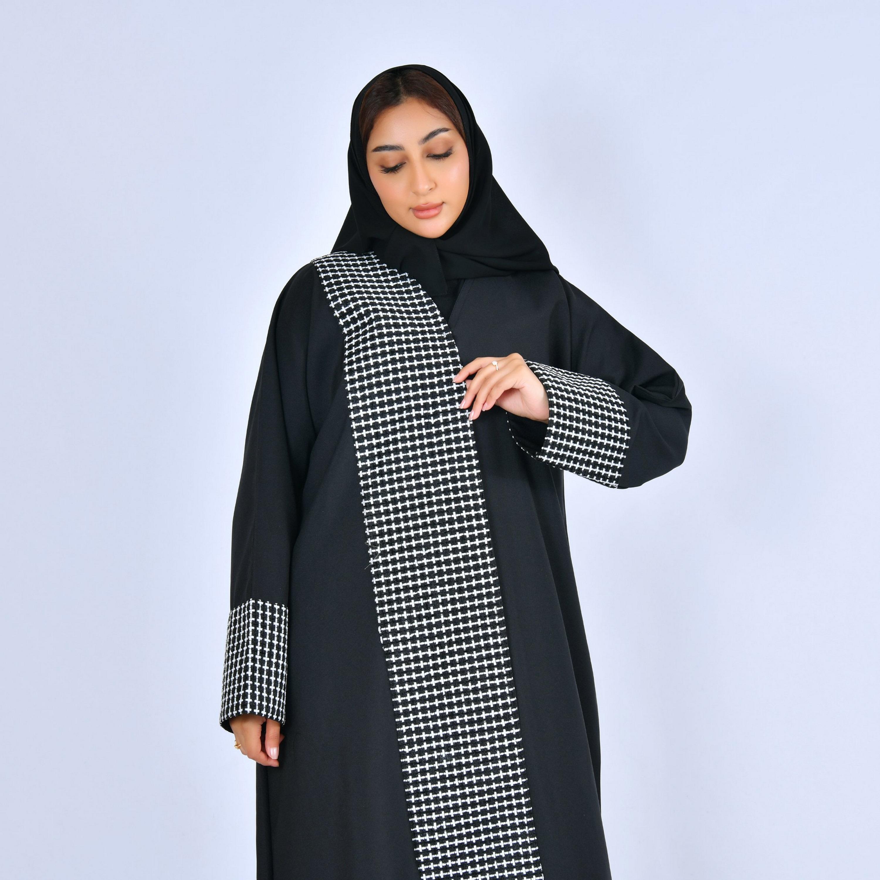 Lamha Black Geometric Linen Women's Evening Abaya with Hijab-women-arabicclothing-abayas-image-3