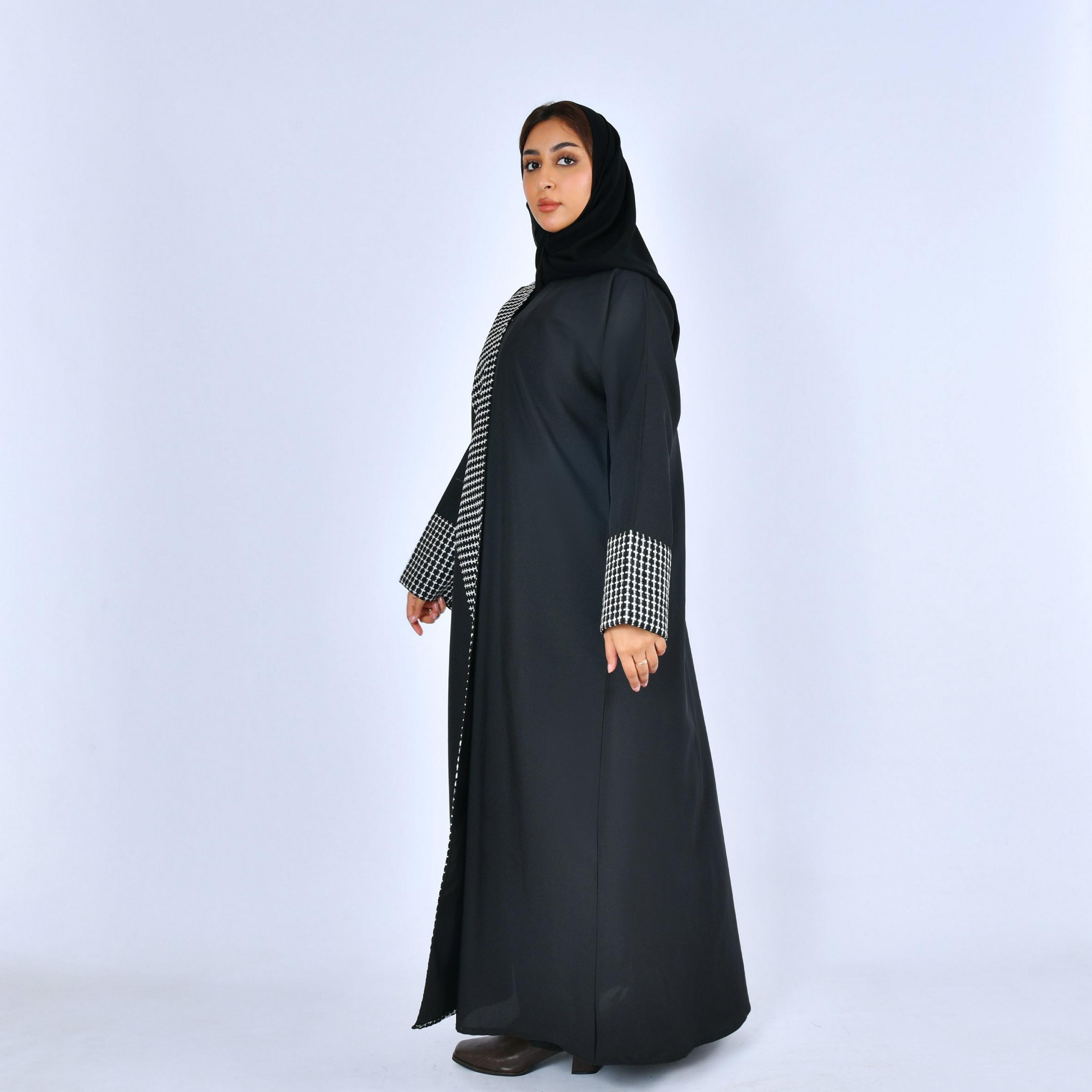 Lamha Black Geometric Linen Women's Evening Abaya with Hijab-women-arabicclothing-abayas-image-4