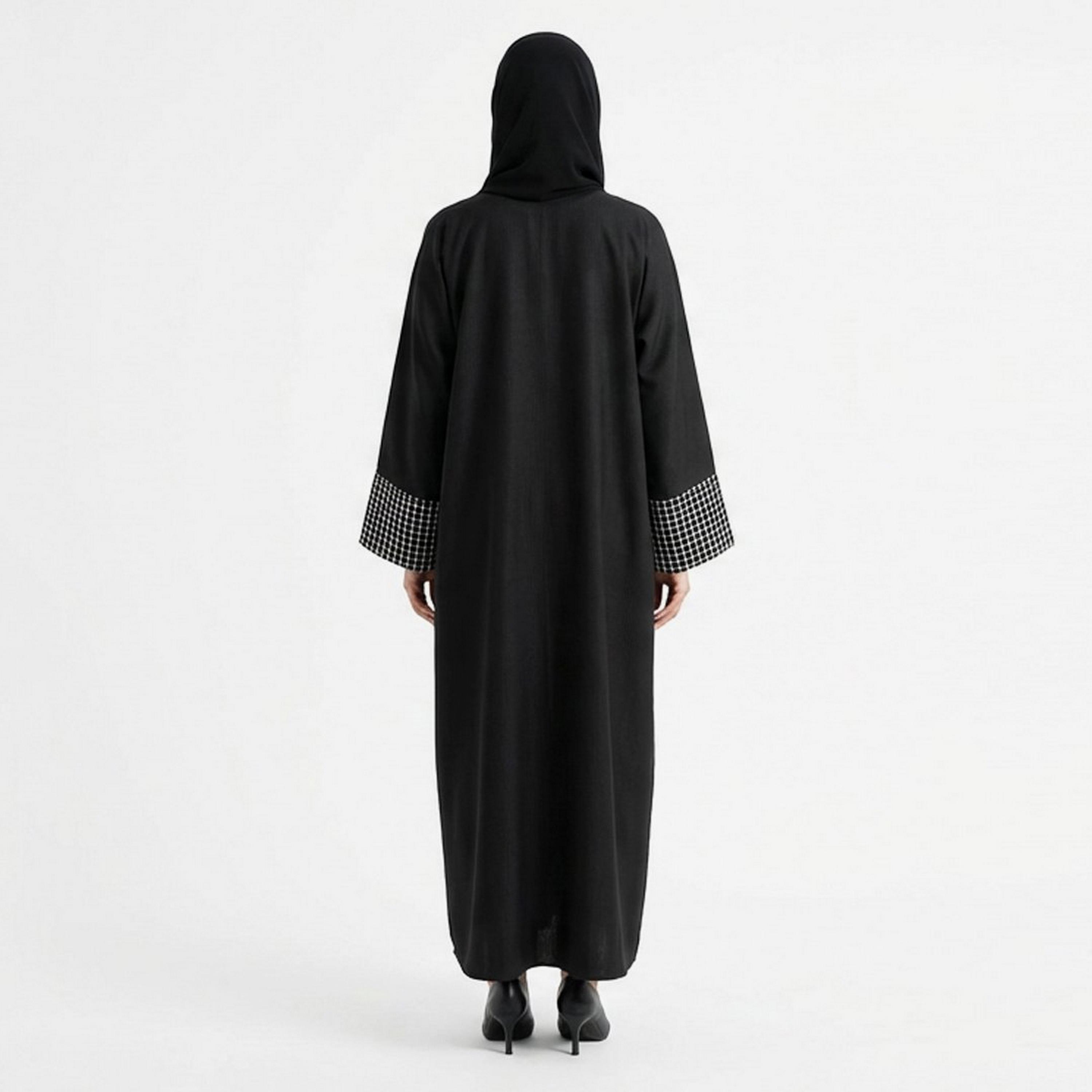 Lamha Black Geometric Linen Women's Evening Abaya with Hijab-women-arabicclothing-abayas-image-5
