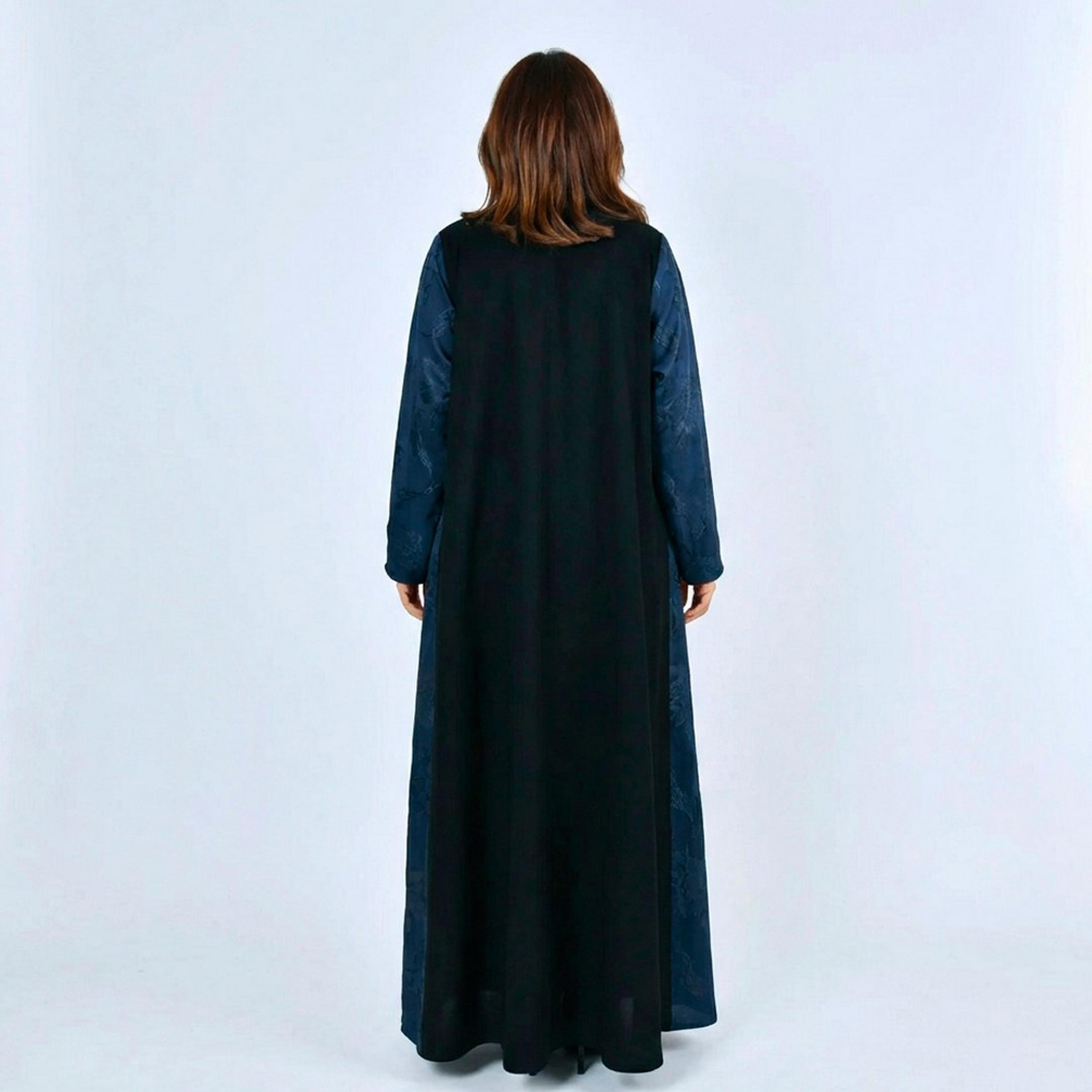 Lamha Black Jacquard Floral Dual Tone Contrast Sleeves Linen Women's Abaya-women-arabicclothing-abayas-image-5