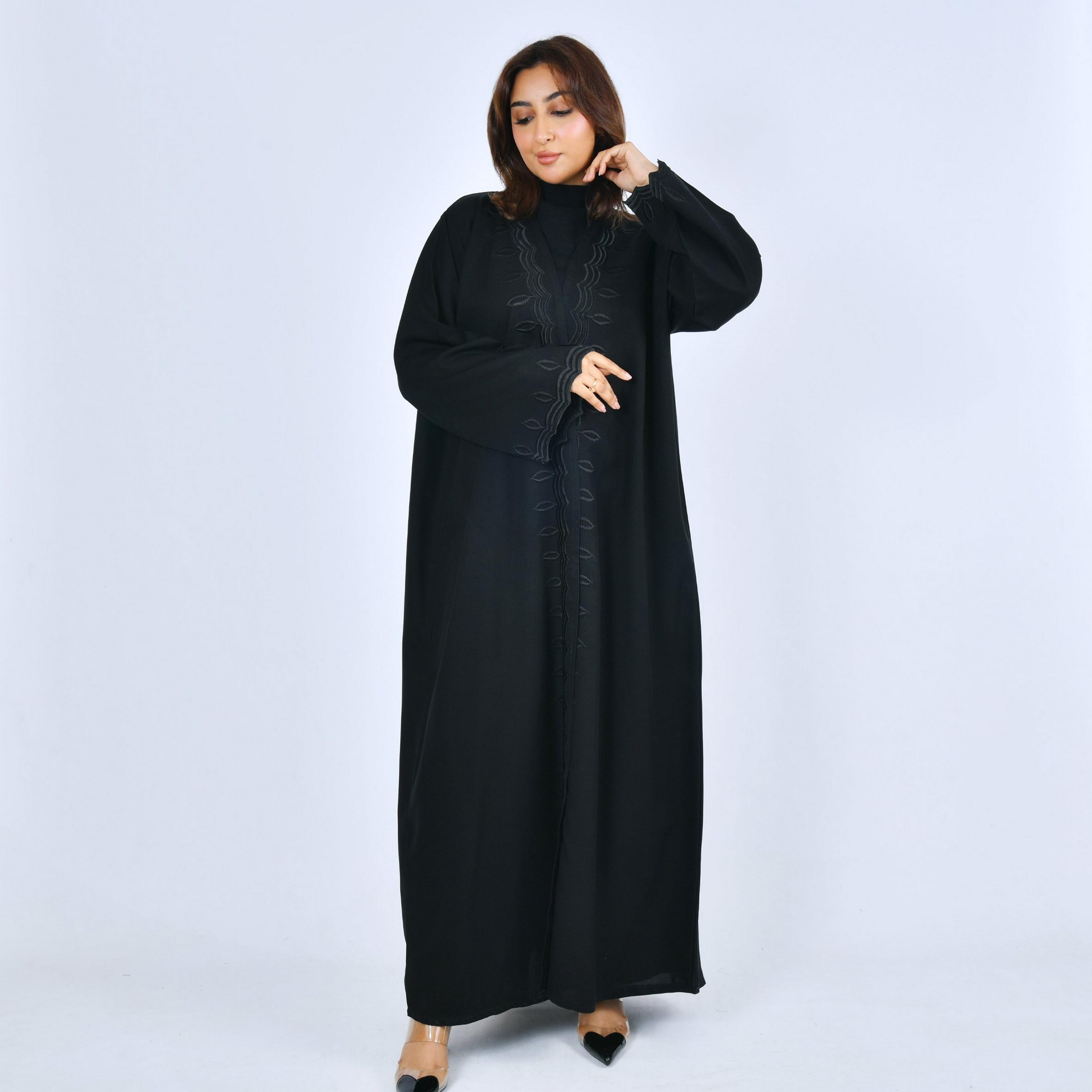 Lamha Black Embroidered Flared Sleeves Linen Women's Abaya-women-arabicclothing-abayas-image-1