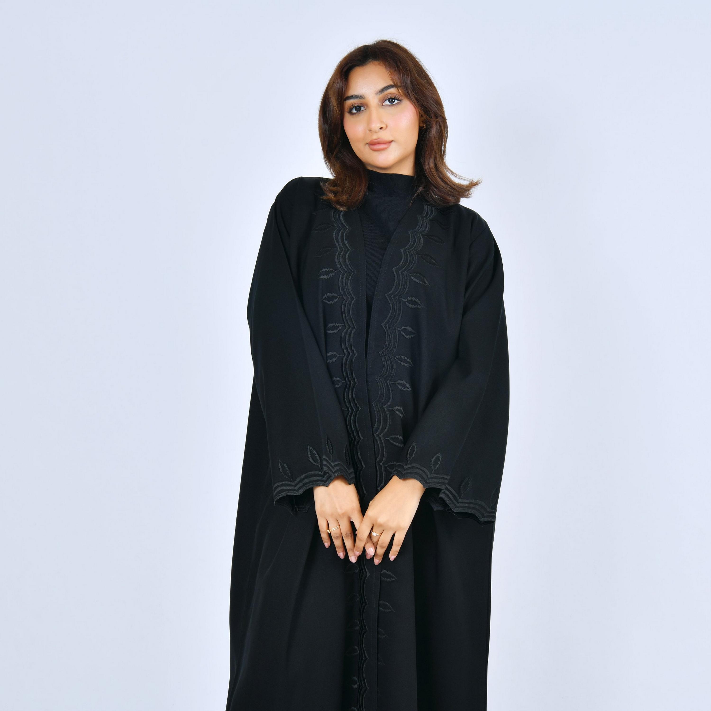 Lamha Black Embroidered Flared Sleeves Linen Women's Abaya-women-arabicclothing-abayas-image-2