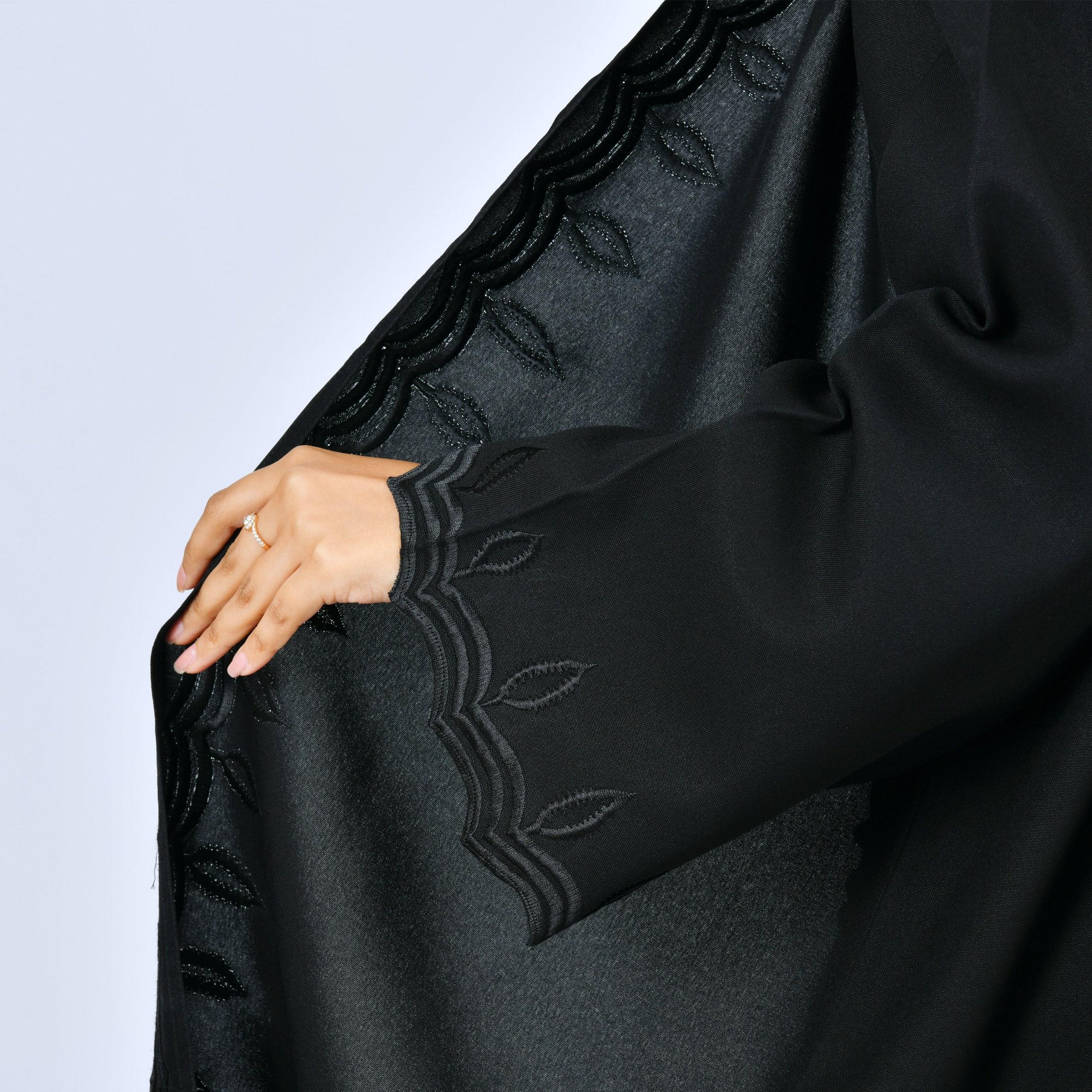 Lamha Black Embroidered Flared Sleeves Linen Women's Abaya-women-arabicclothing-abayas-image-4