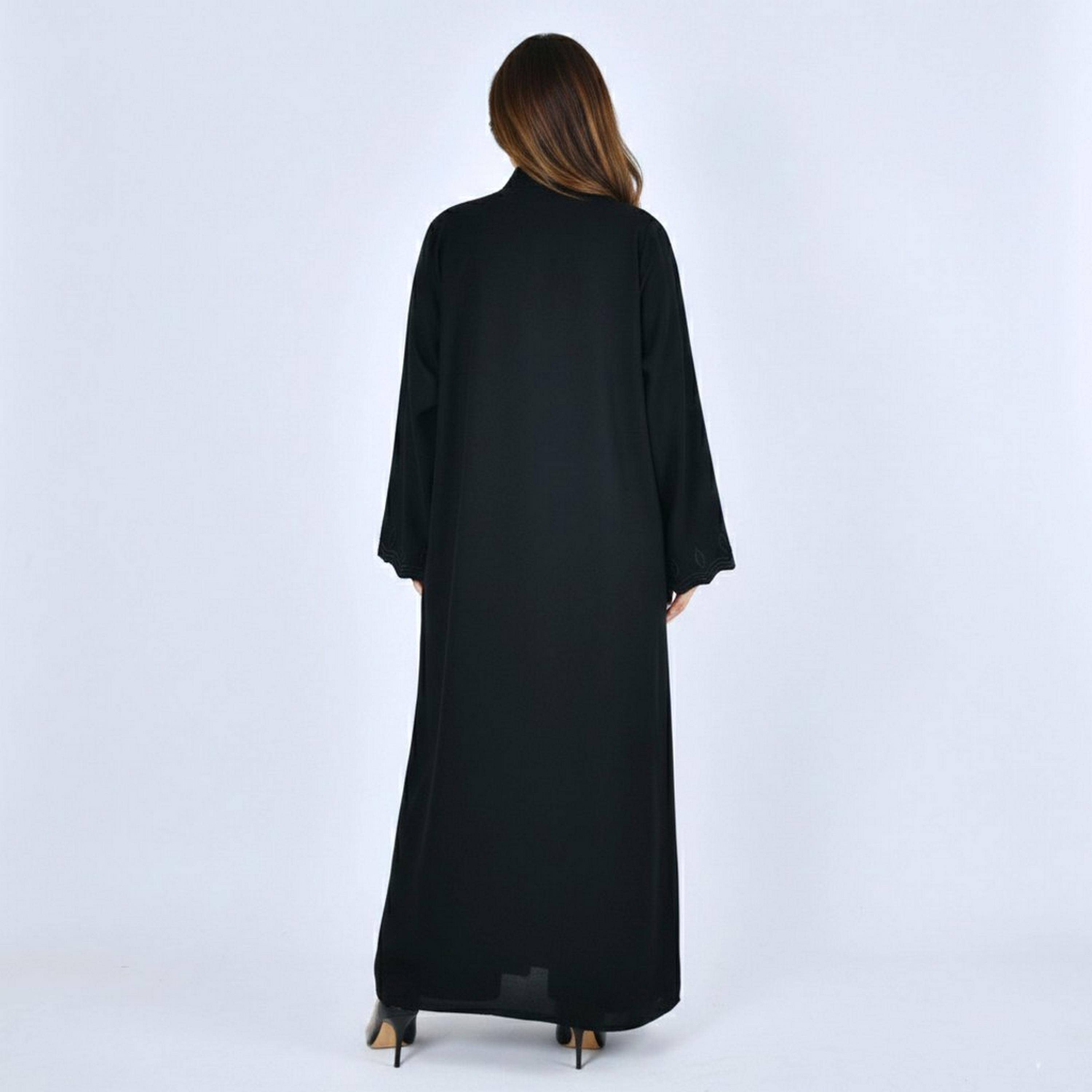 Lamha Black Embroidered Flared Sleeves Linen Women's Abaya-women-arabicclothing-abayas-image-5