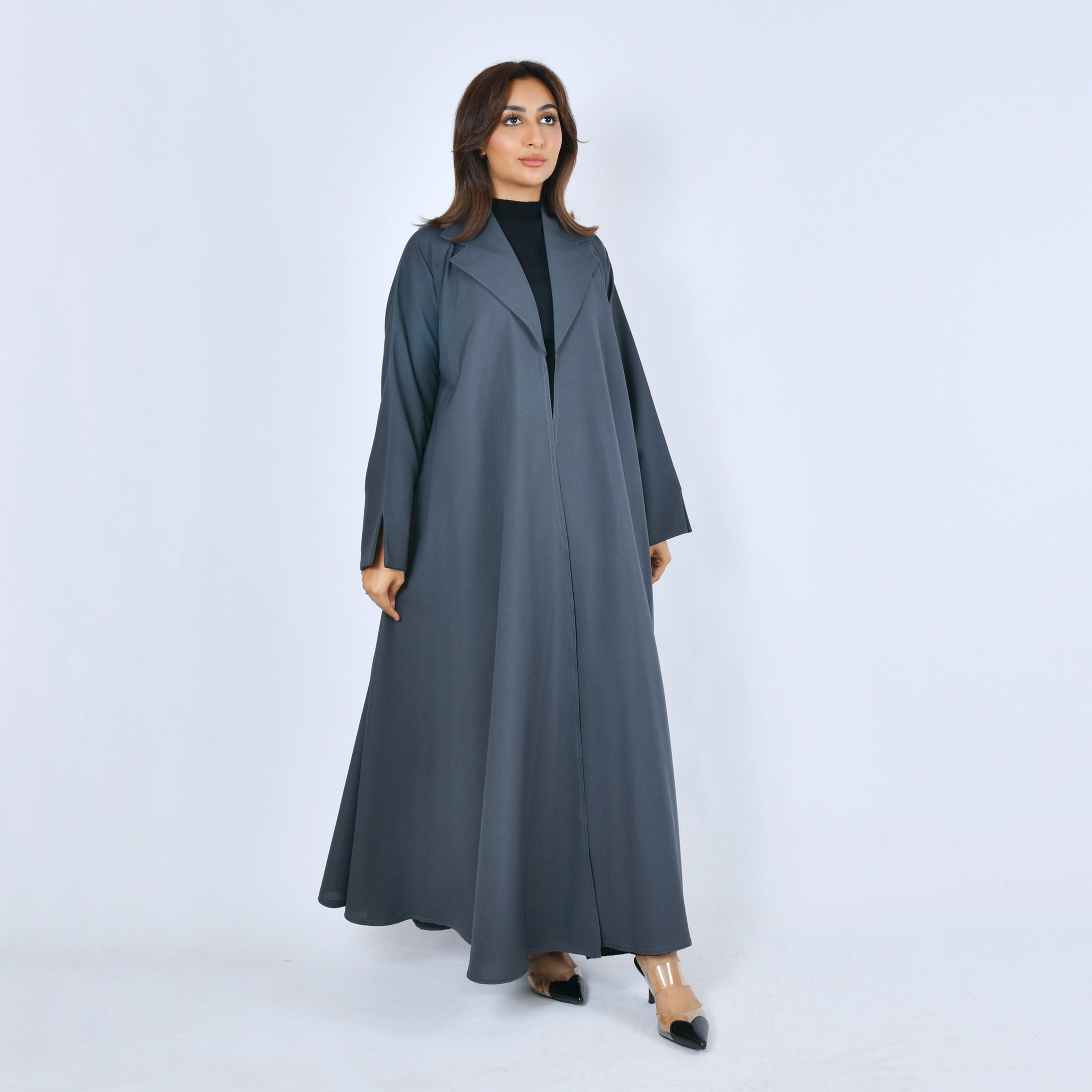 Lamha Grey Linen Women's Formal Cloche Cut Abaya-women-arabicclothing-abayas-image-1