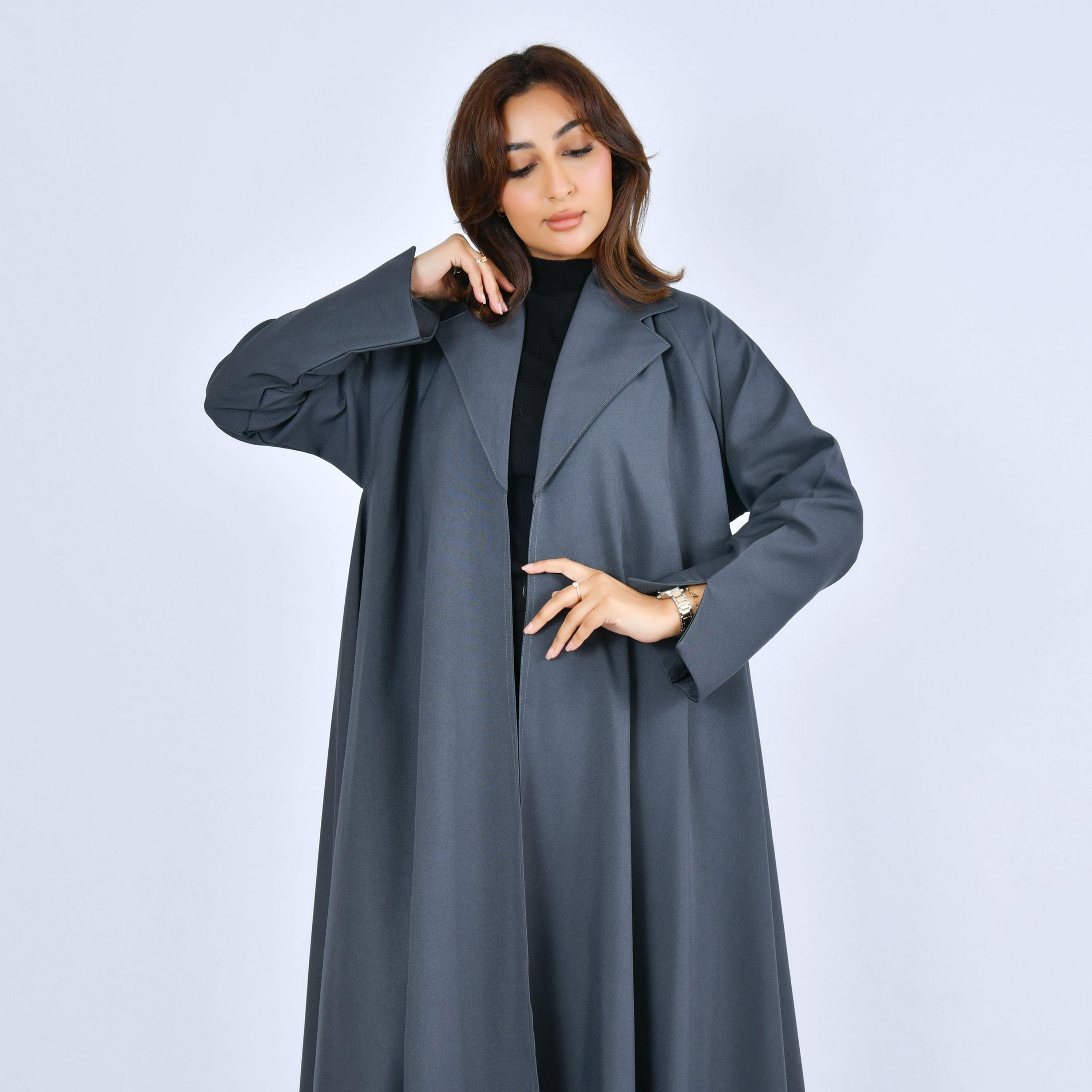 Lamha Grey Linen Women's Formal Cloche Cut Abaya-women-arabicclothing-abayas-image-2
