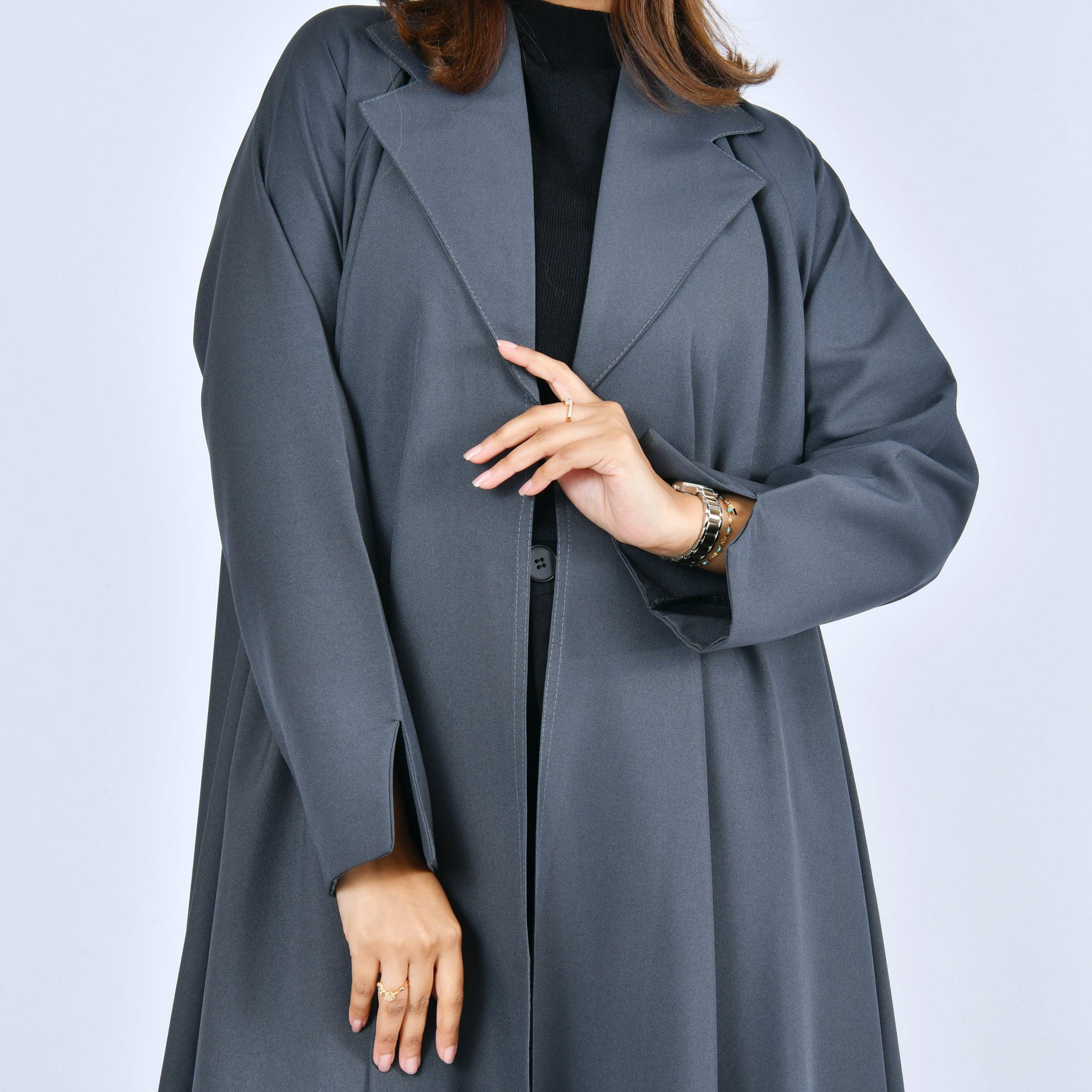 Lamha Grey Linen Women's Formal Cloche Cut Abaya-women-arabicclothing-abayas-image-4