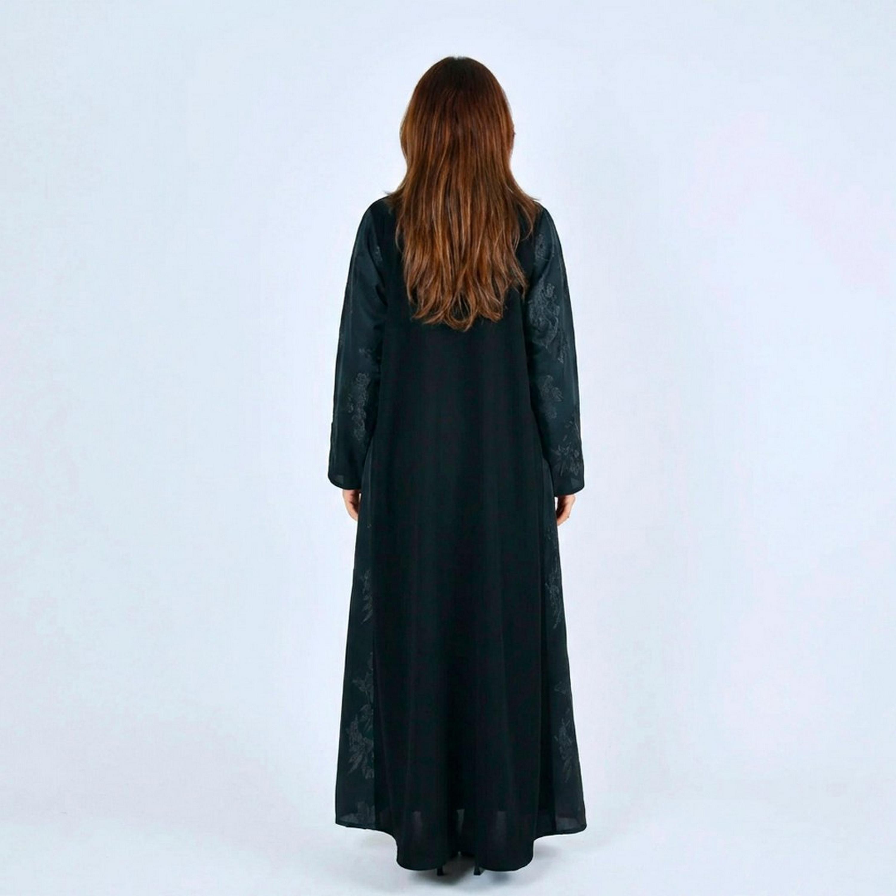 عباية كتان بقماش "جاكارد فلورال" وتصميم "ديوال تون" نسائية - أسود من لمحة-women-arabicclothing-abayas-image-6