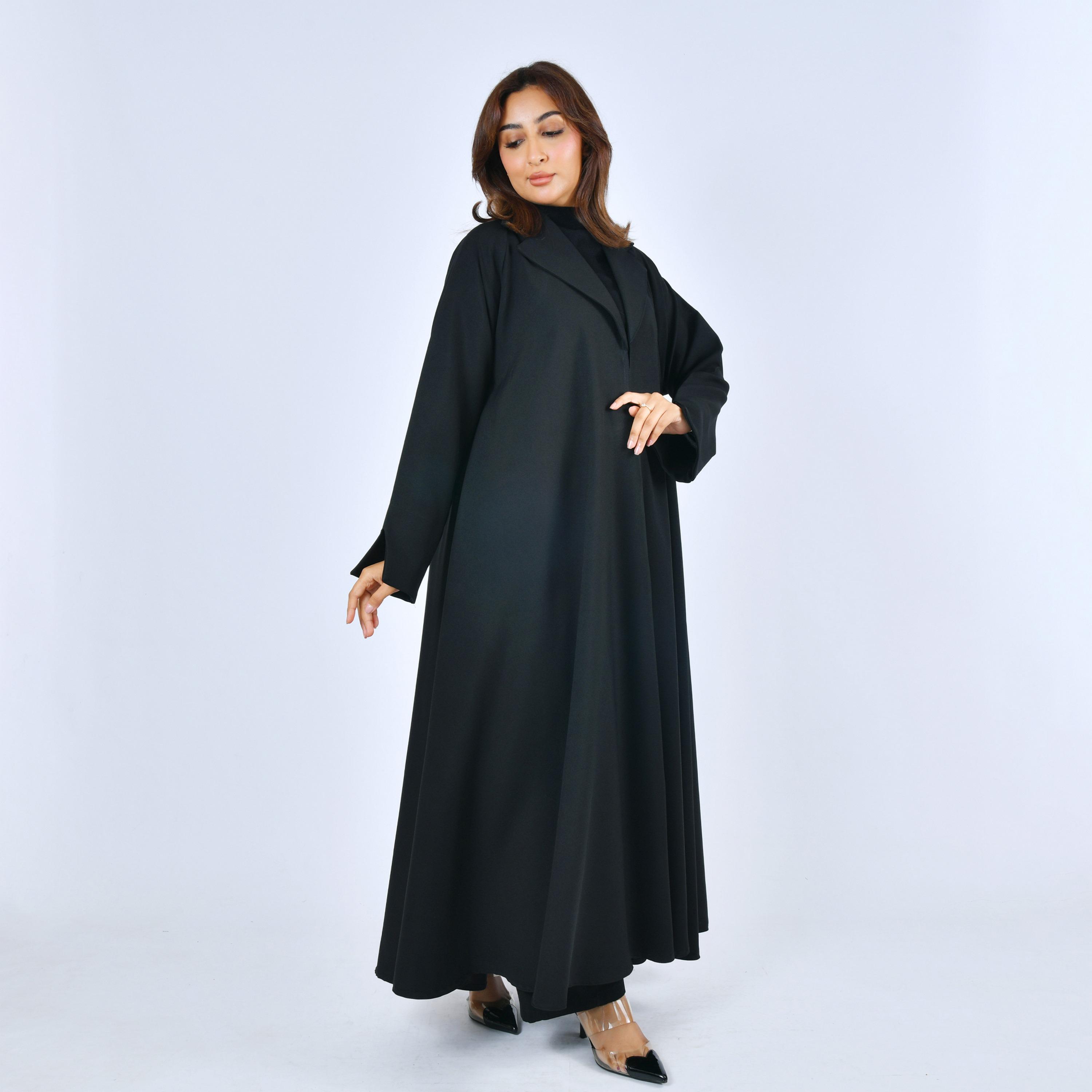 Lamha Black Lapel Collar Linen Women's Formal Cloche Cut Abaya-women-arabicclothing-abayas-image-1