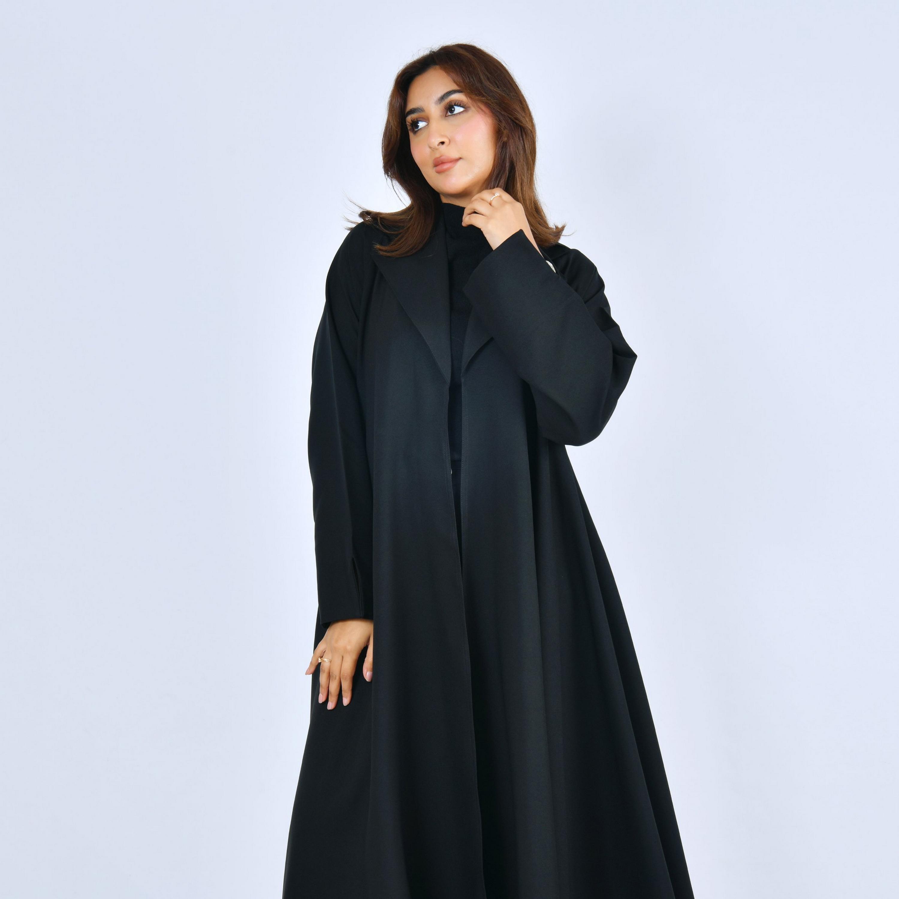 Lamha Black Lapel Collar Linen Women's Formal Cloche Cut Abaya-women-arabicclothing-abayas-image-2