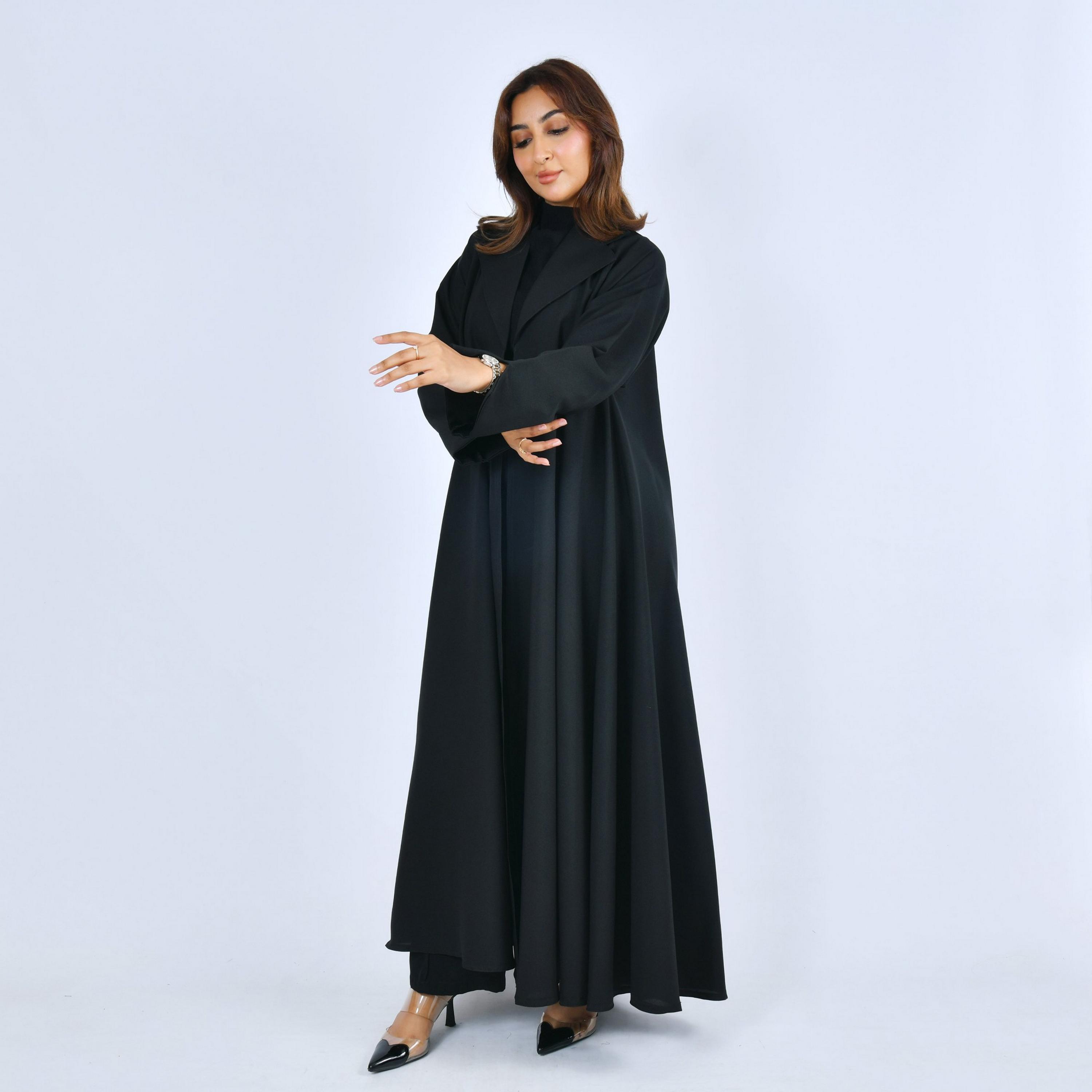 Lamha Black Lapel Collar Linen Women's Formal Cloche Cut Abaya-women-arabicclothing-abayas-image-3