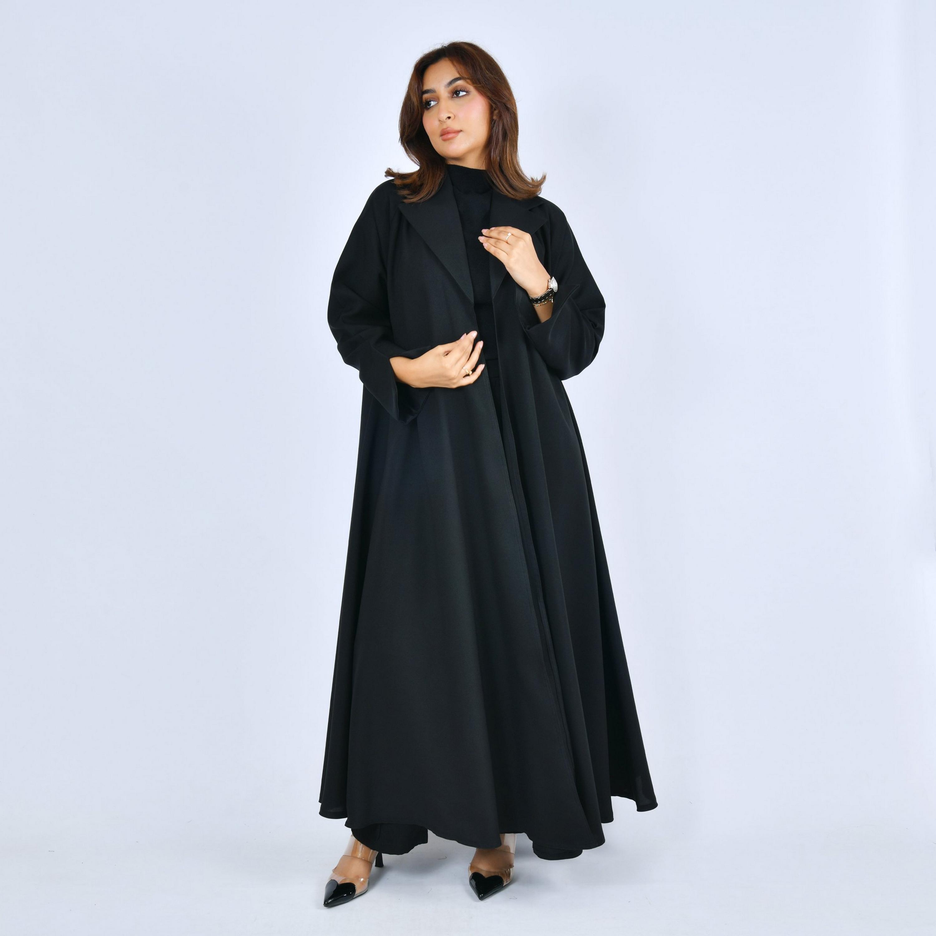 Lamha Black Lapel Collar Linen Women's Formal Cloche Cut Abaya-women-arabicclothing-abayas-image-4