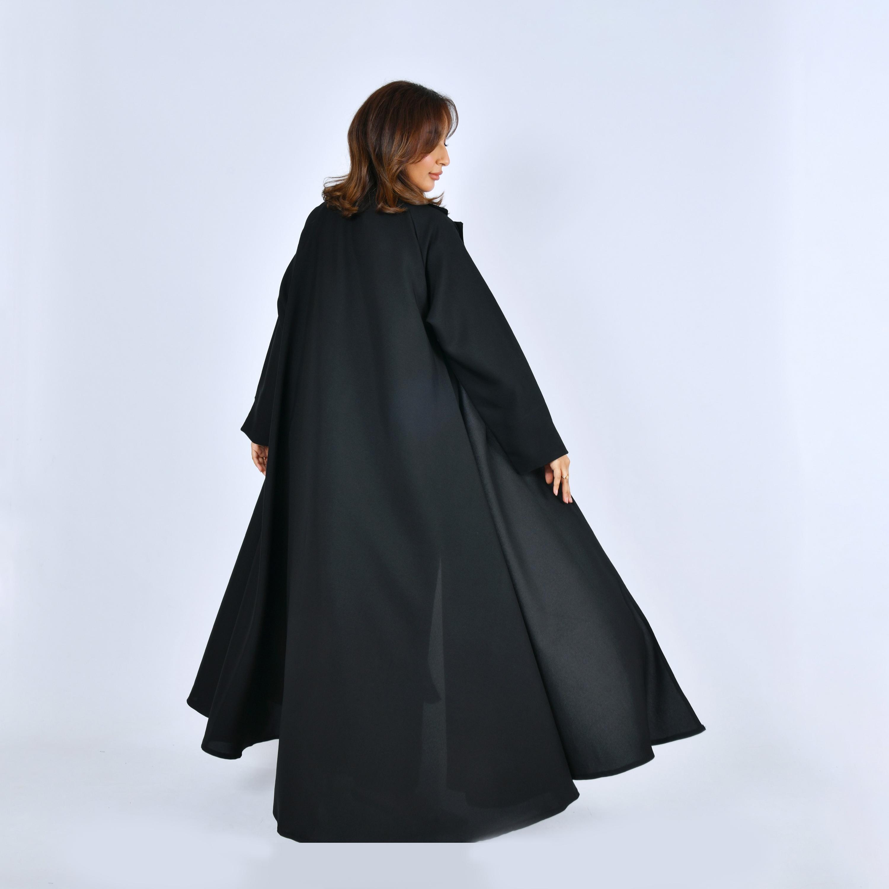 Lamha Black Lapel Collar Linen Women's Formal Cloche Cut Abaya-women-arabicclothing-abayas-image-5
