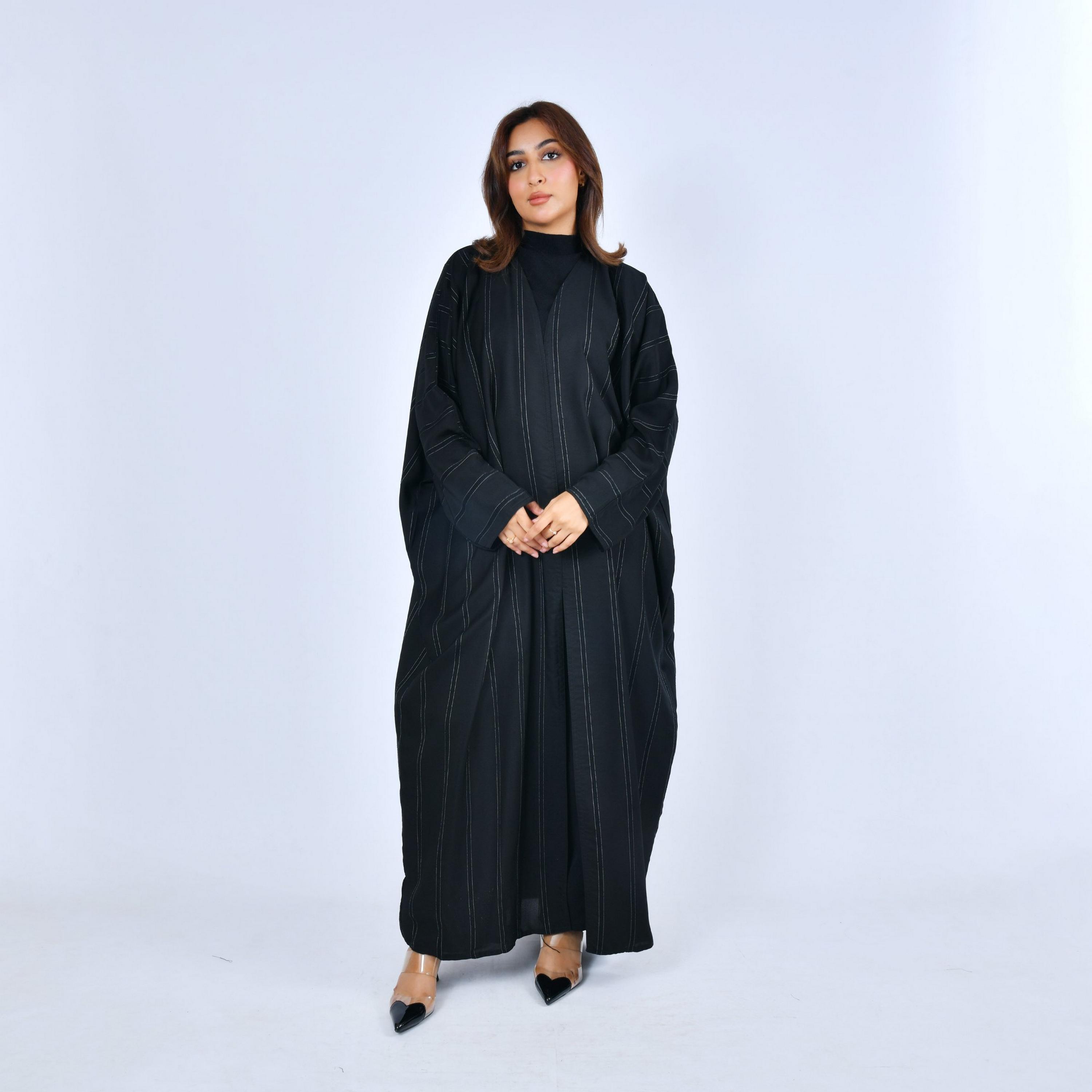 Lamha Black Striped Linen Women's Quarter Bisht Abaya-women-arabicclothing-abayas-image-1