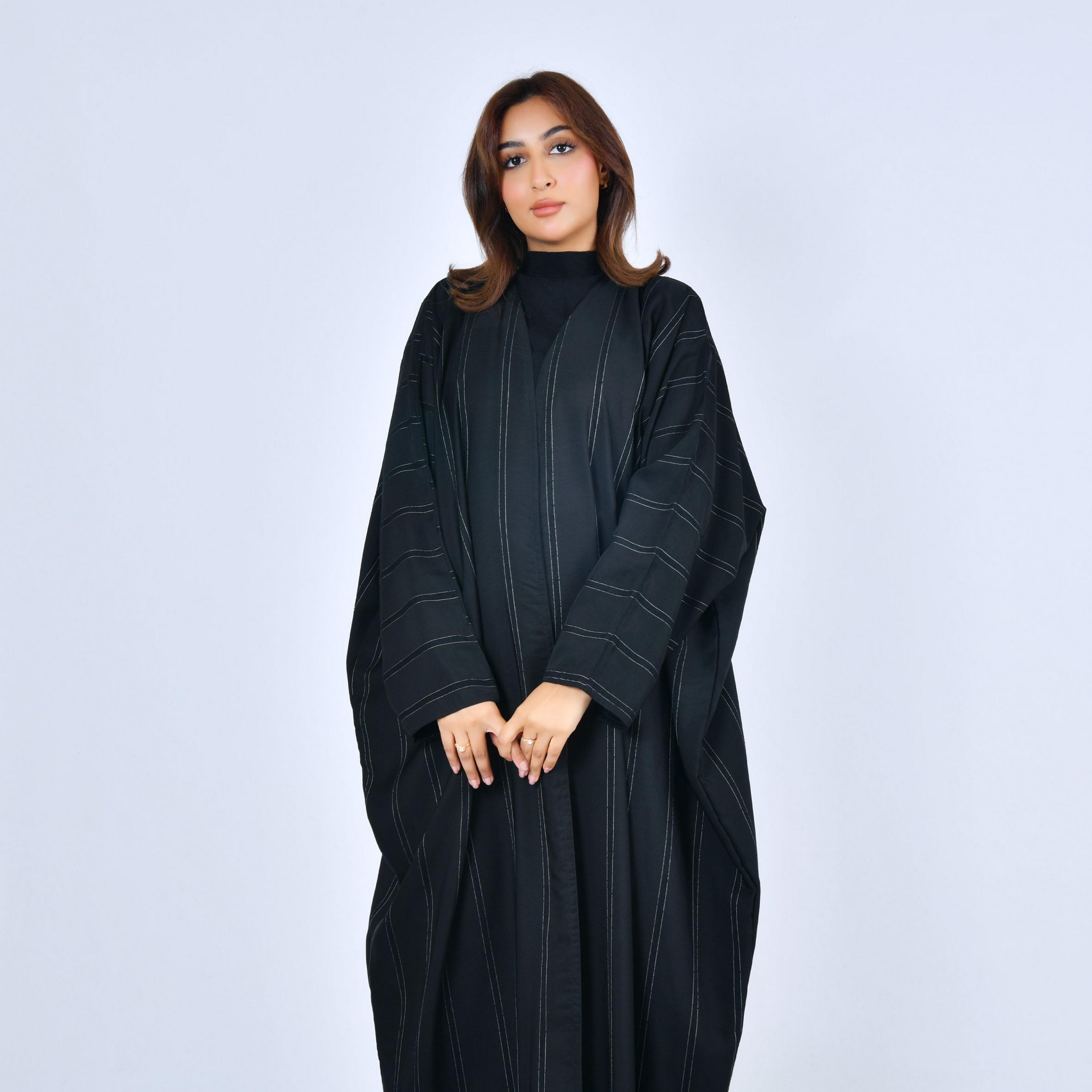 Lamha Black Striped Linen Women's Quarter Bisht Abaya-women-arabicclothing-abayas-image-2