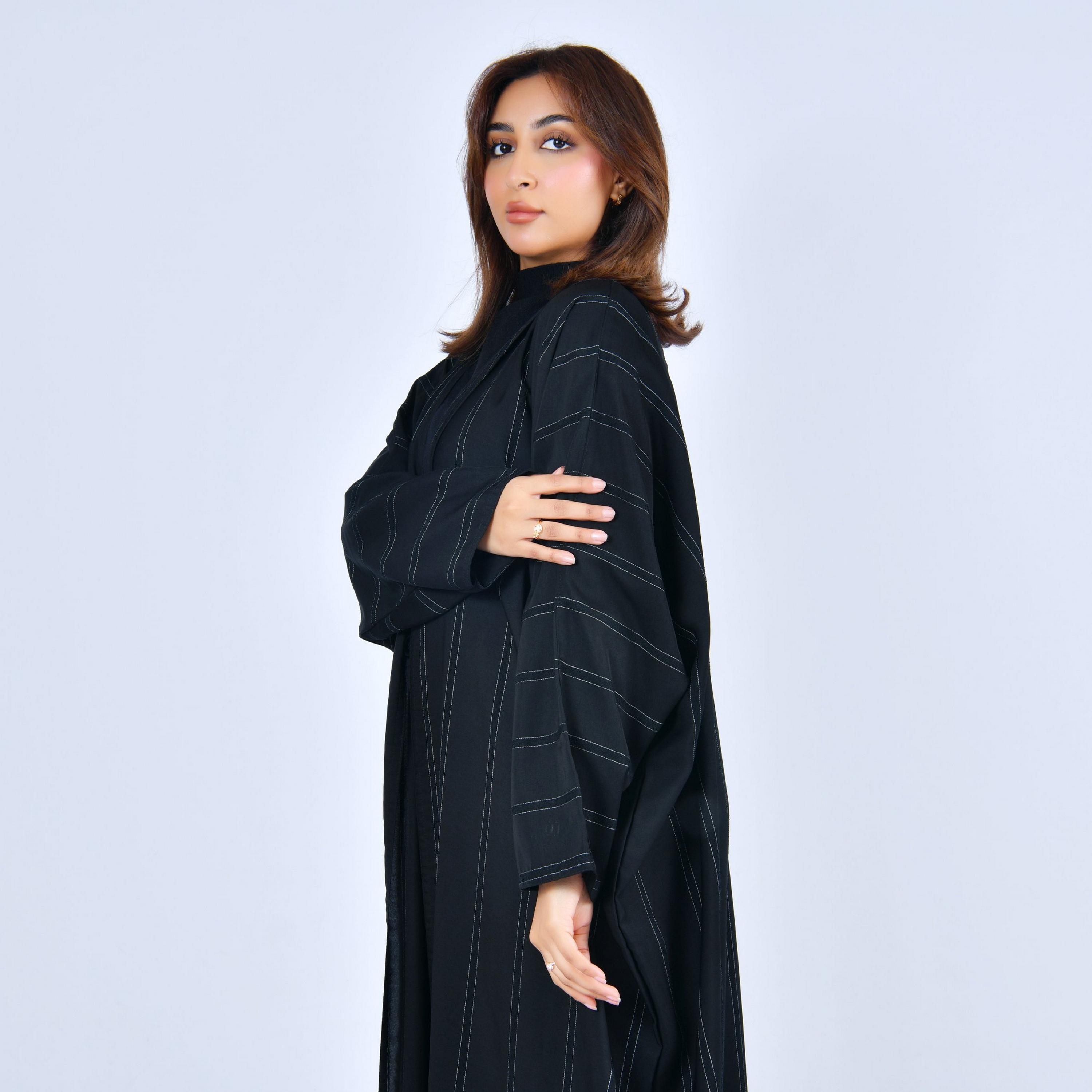 Lamha Black Striped Linen Women's Quarter Bisht Abaya-women-arabicclothing-abayas-image-3