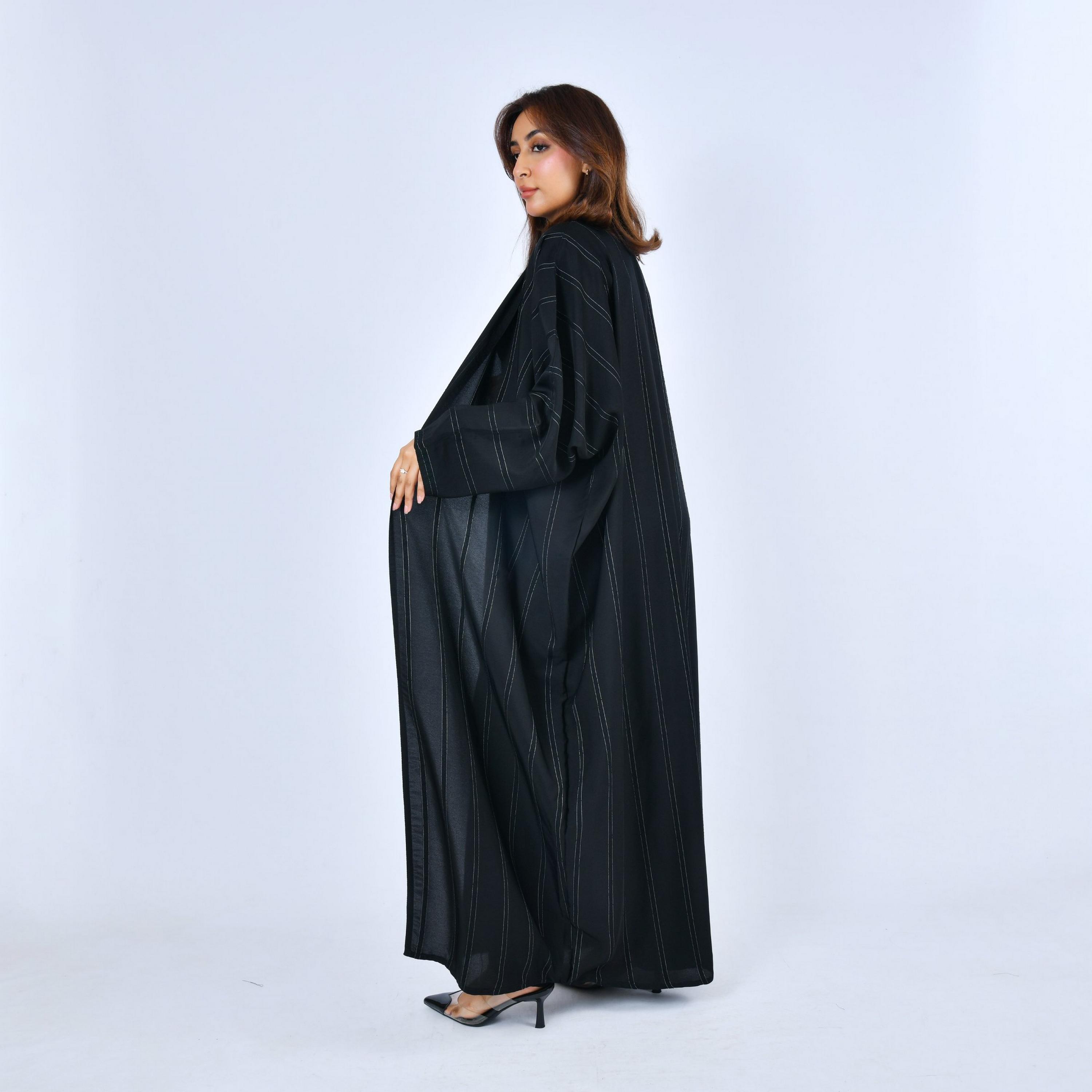 Lamha Black Striped Linen Women's Quarter Bisht Abaya-women-arabicclothing-abayas-image-4