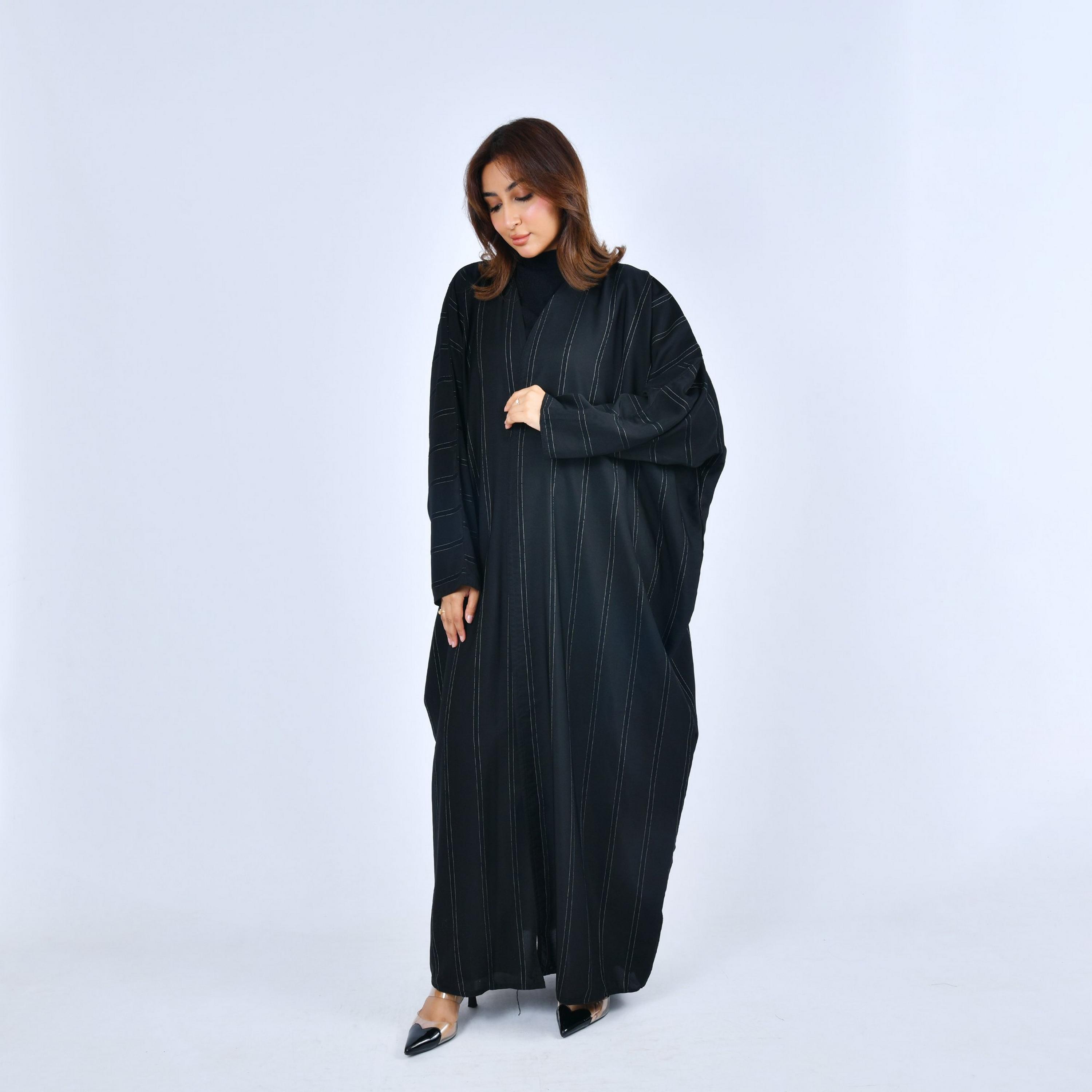 Lamha Black Striped Linen Women's Quarter Bisht Abaya-women-arabicclothing-abayas-image-5