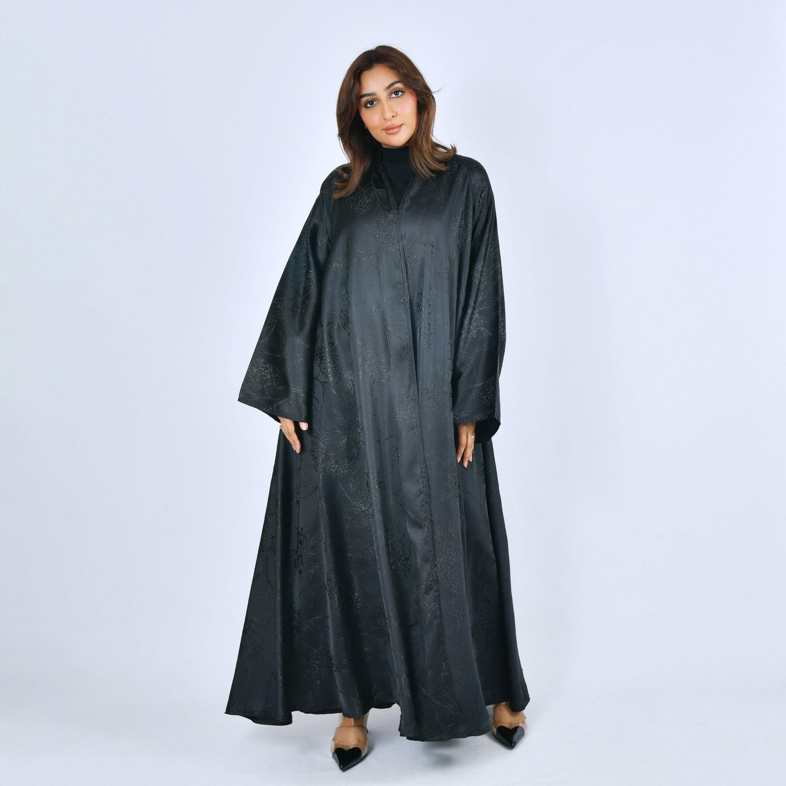 Lamha Black Jacquard Self Floral Wide Sleeves Silk Women's Cloche Cut Abaya-women-arabicclothing-abayas-image-1
