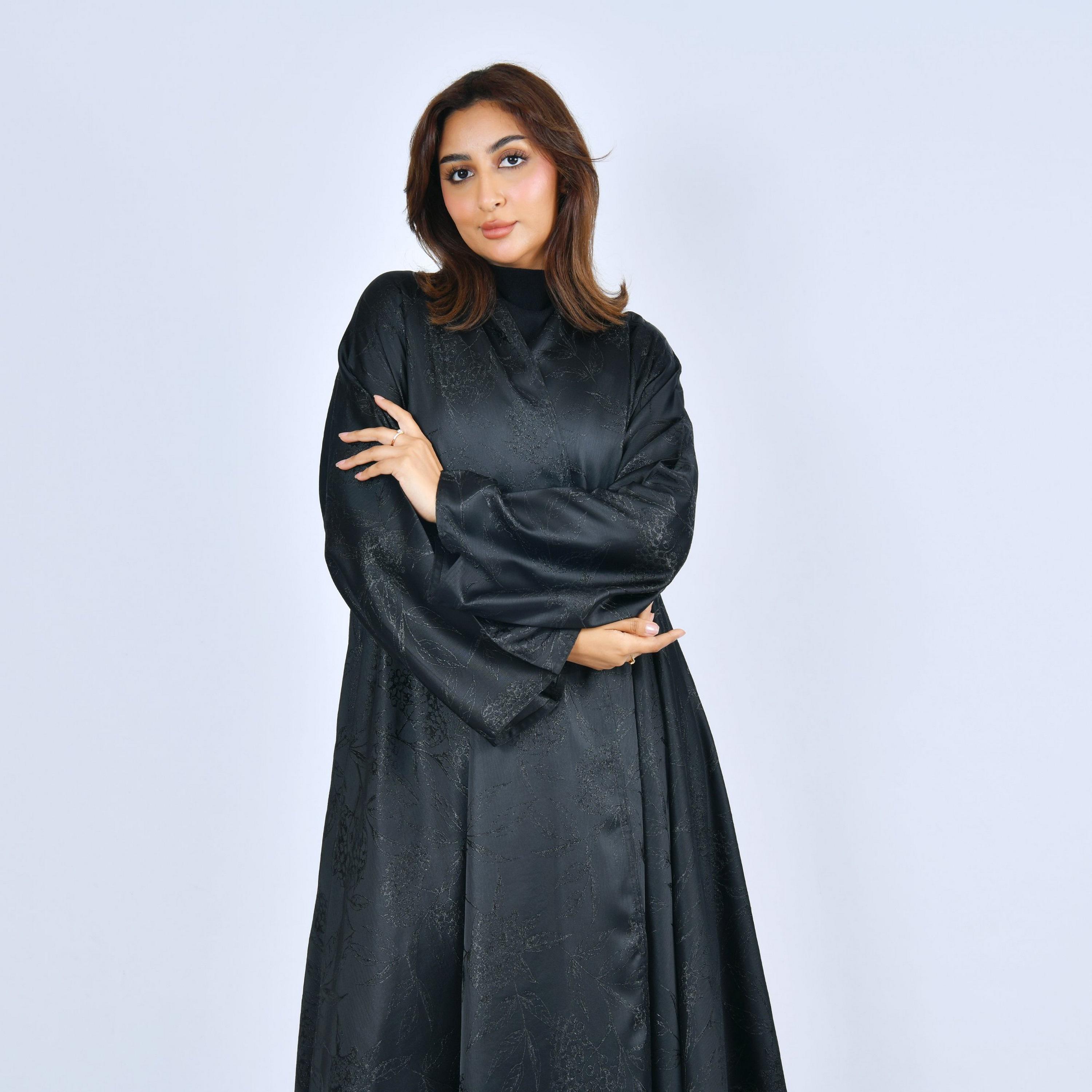 Lamha Black Jacquard Self Floral Wide Sleeves Silk Women's Cloche Cut Abaya-women-arabicclothing-abayas-image-2