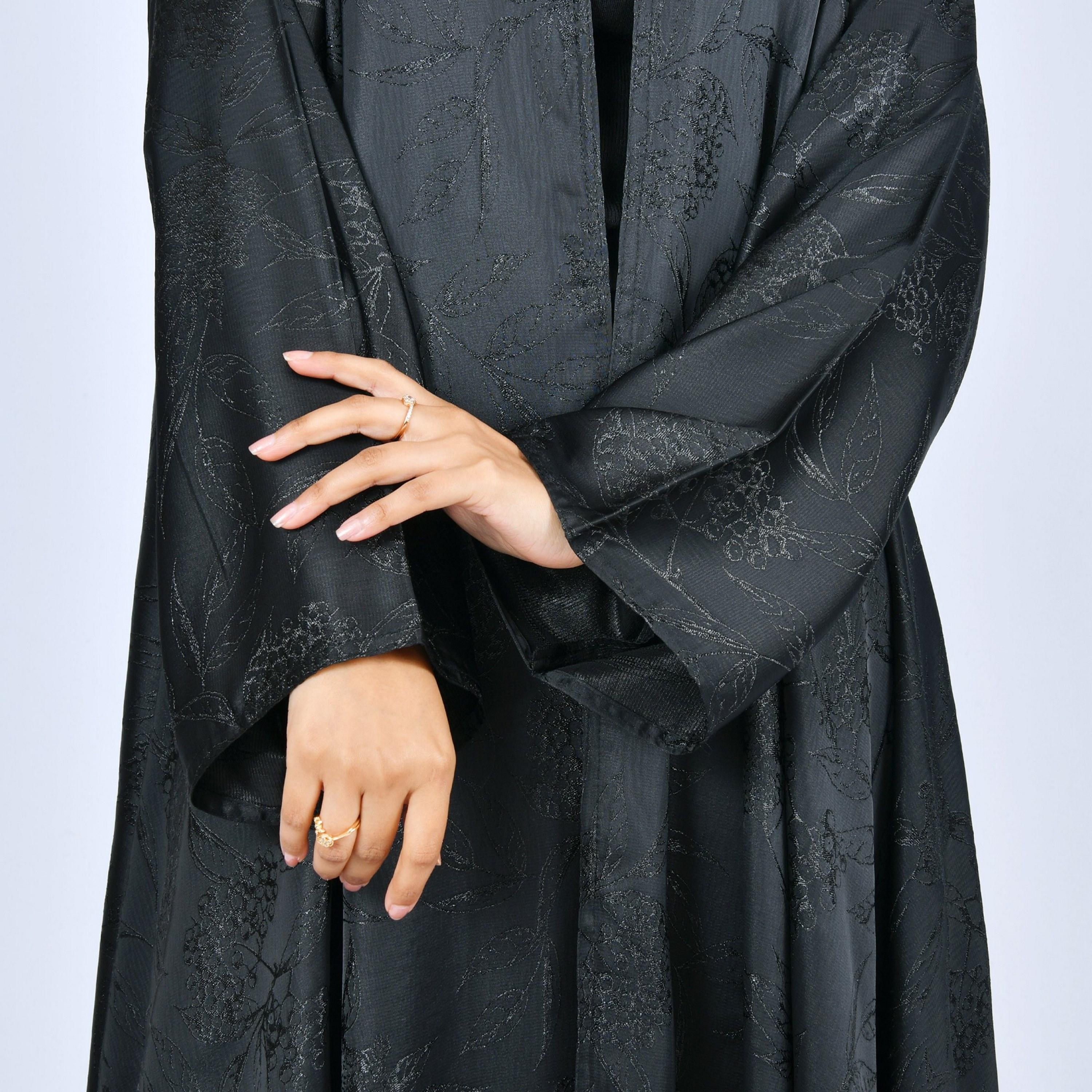 Lamha Black Jacquard Self Floral Wide Sleeves Silk Women's Cloche Cut Abaya-women-arabicclothing-abayas-image-3