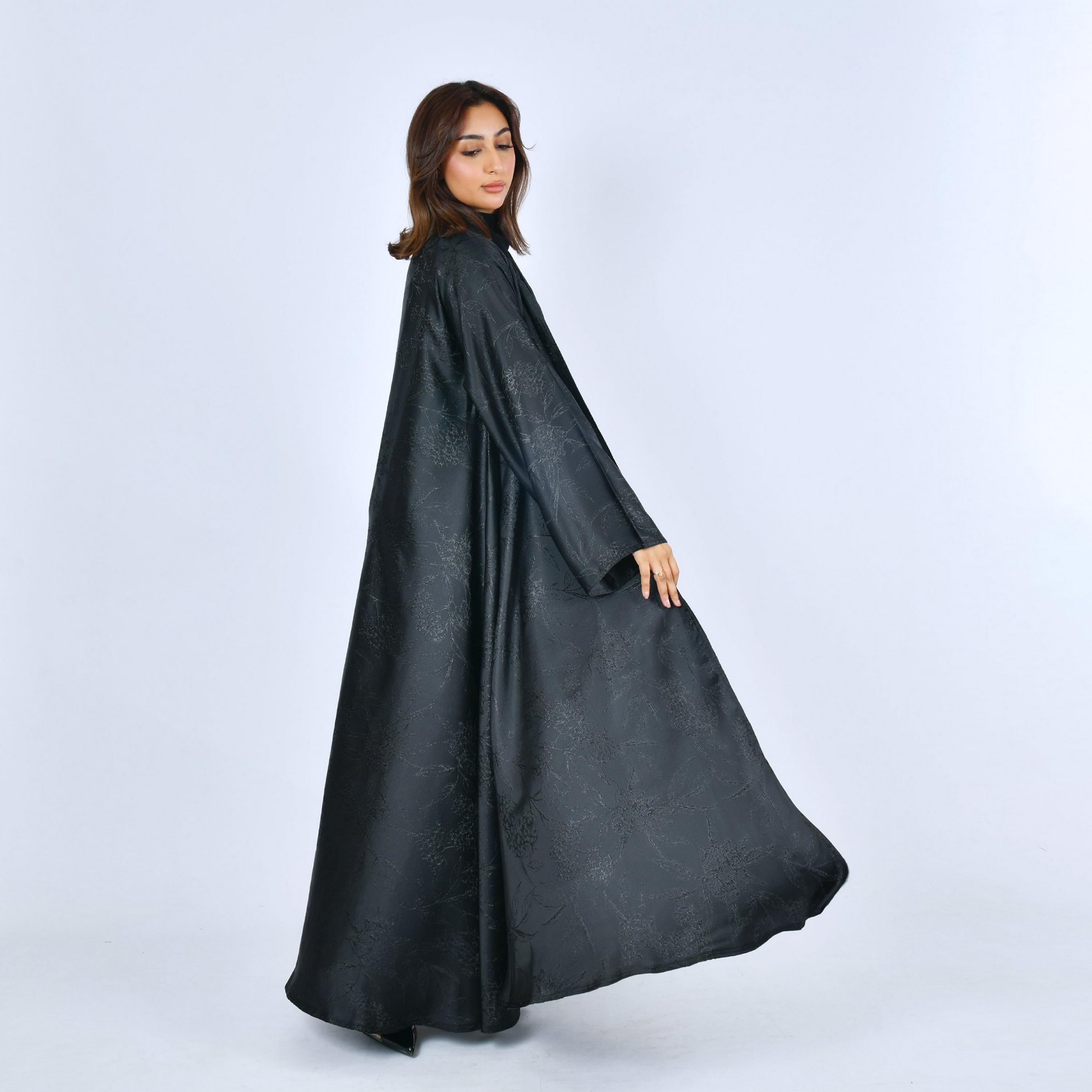 Lamha Black Jacquard Self Floral Wide Sleeves Silk Women's Cloche Cut Abaya-women-arabicclothing-abayas-image-4