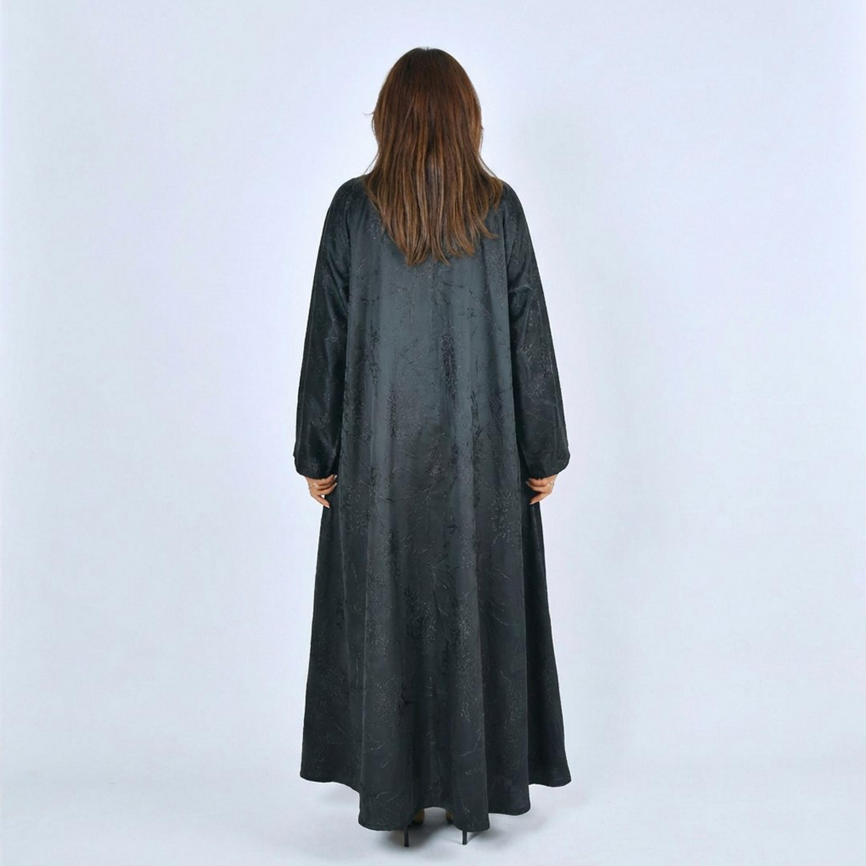 Lamha Black Jacquard Self Floral Wide Sleeves Silk Women's Cloche Cut Abaya-women-arabicclothing-abayas-image-5