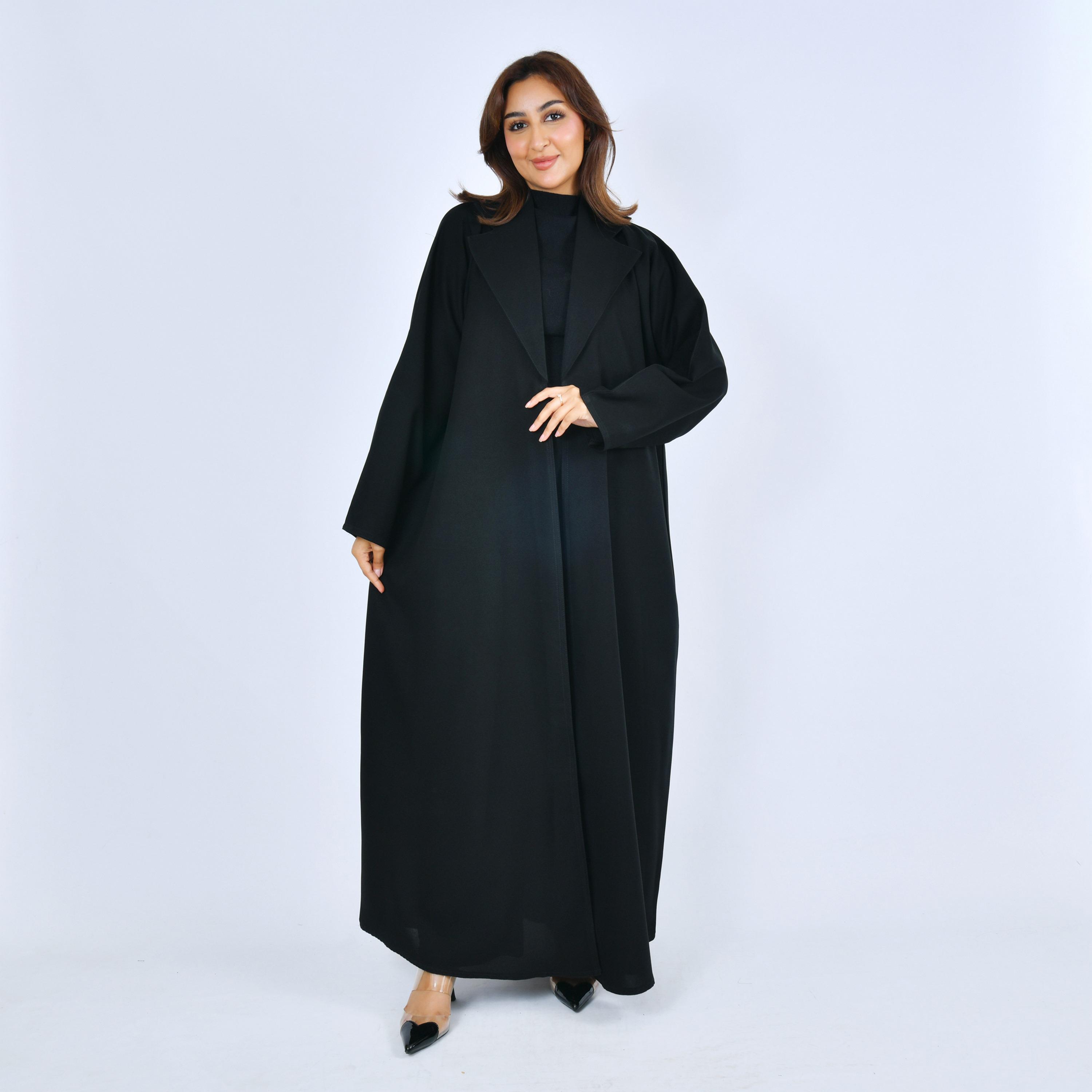 Lamha Black Lapel Collar Linen Women's Formal Abaya-women-arabicclothing-abayas-image-1