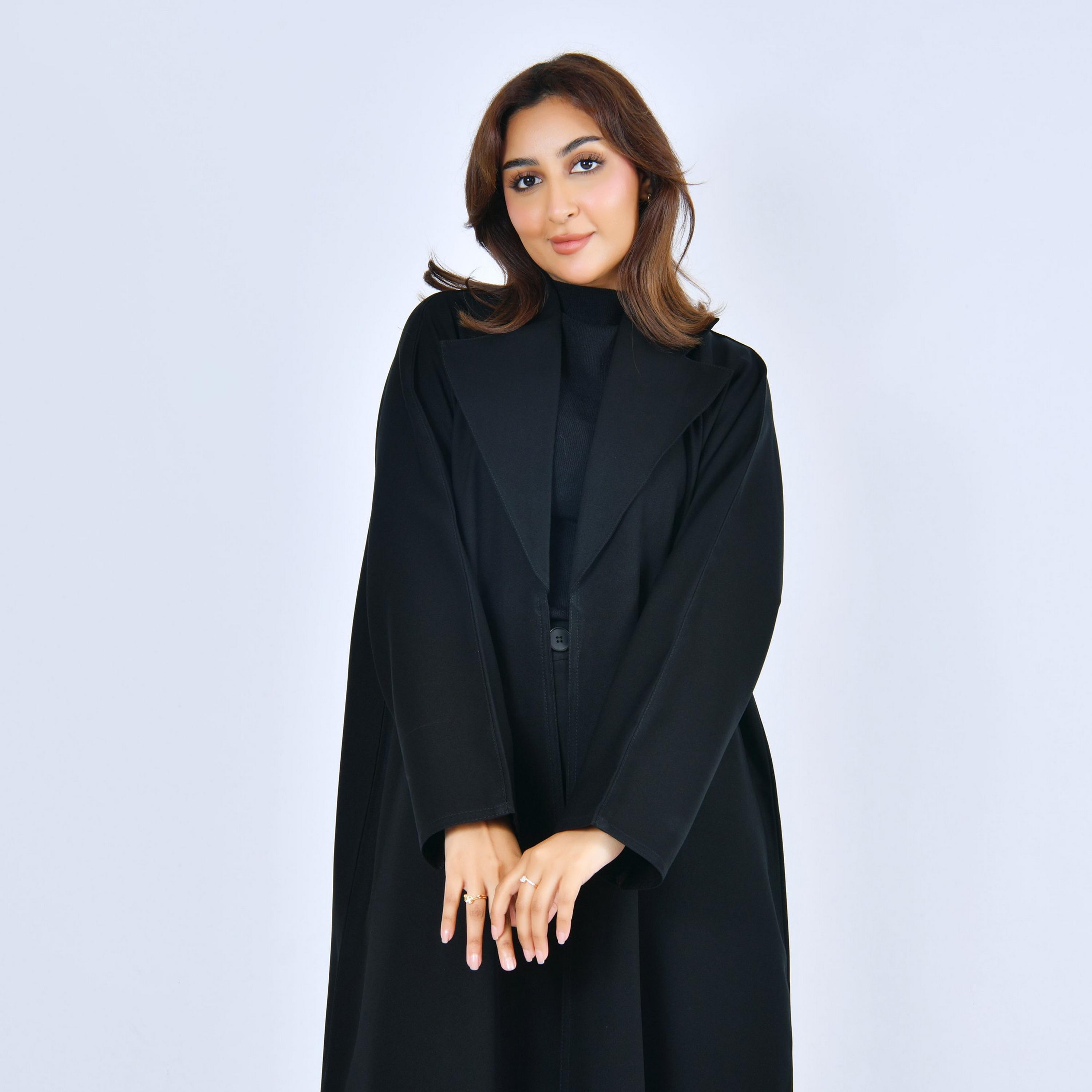 Lamha Black Lapel Collar Linen Women's Formal Abaya-women-arabicclothing-abayas-image-2