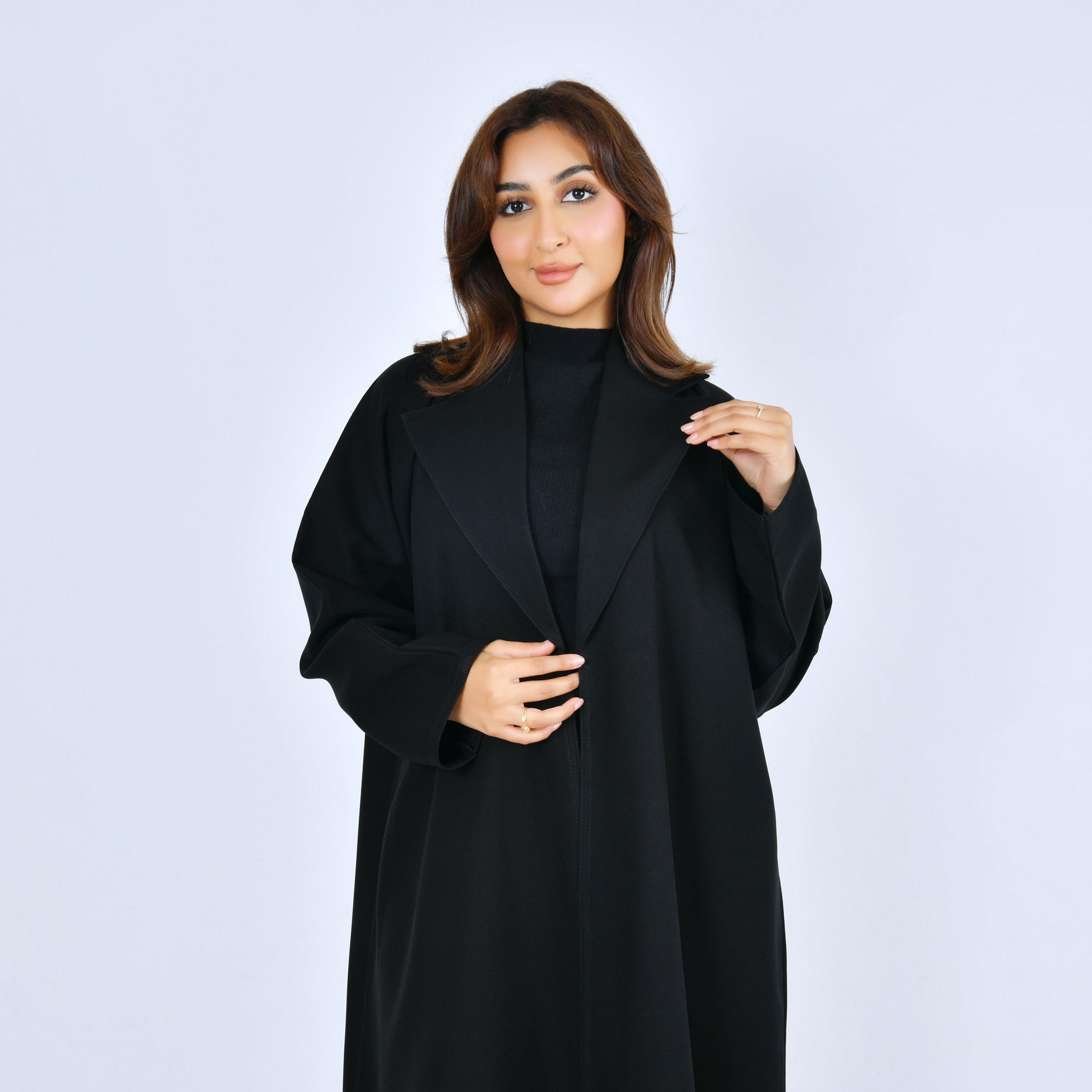 Lamha Black Lapel Collar Linen Women's Formal Abaya-women-arabicclothing-abayas-image-3