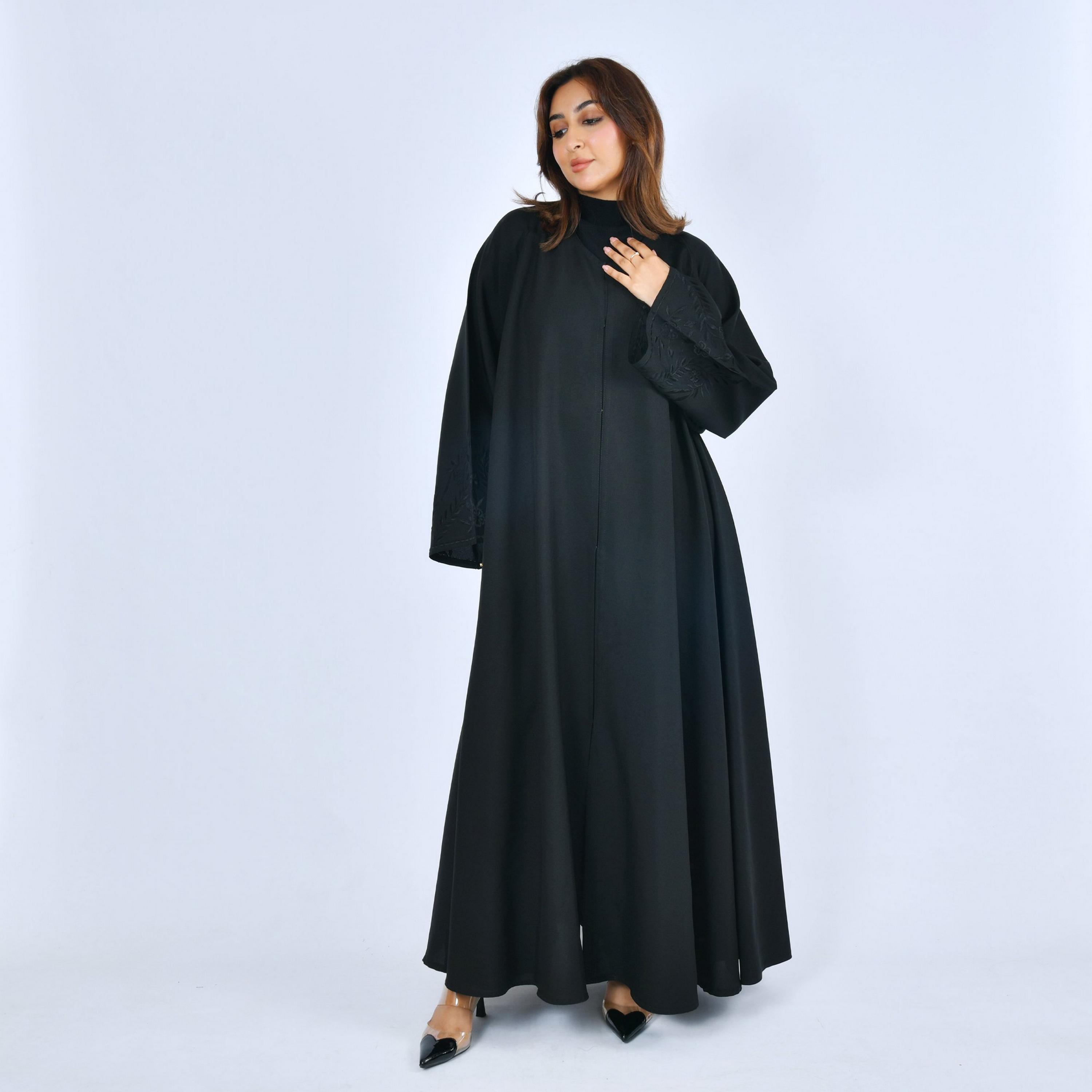 Lamha Black Wide Embroidered Sleeves Linen Women's Cloche Cut Abaya-women-arabicclothing-abayas-image-1