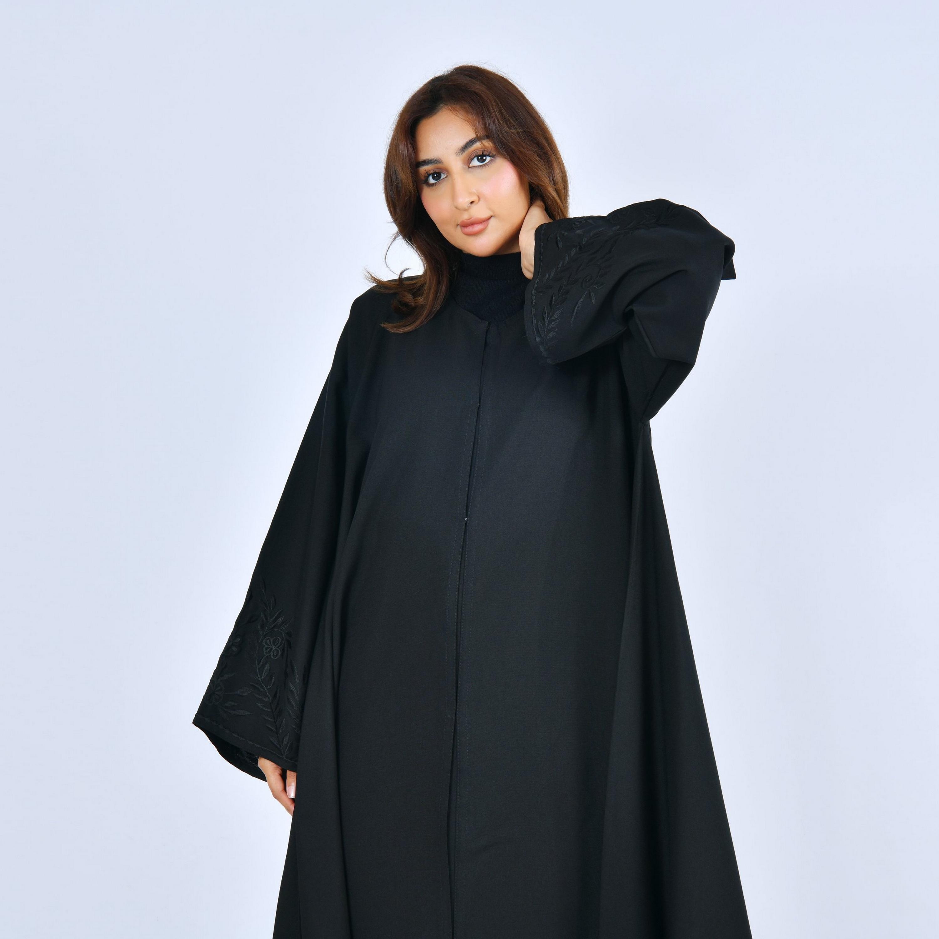 Lamha Black Wide Embroidered Sleeves Linen Women's Cloche Cut Abaya-women-arabicclothing-abayas-image-2
