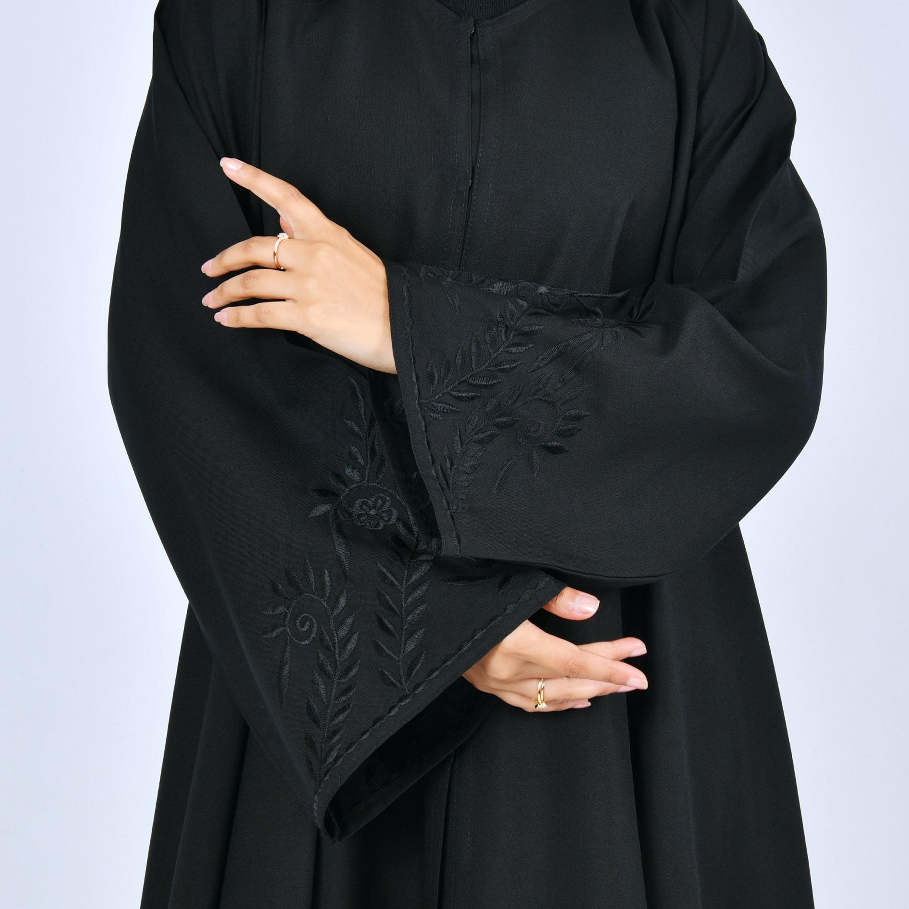 Lamha Black Wide Embroidered Sleeves Linen Women's Cloche Cut Abaya-women-arabicclothing-abayas-image-3