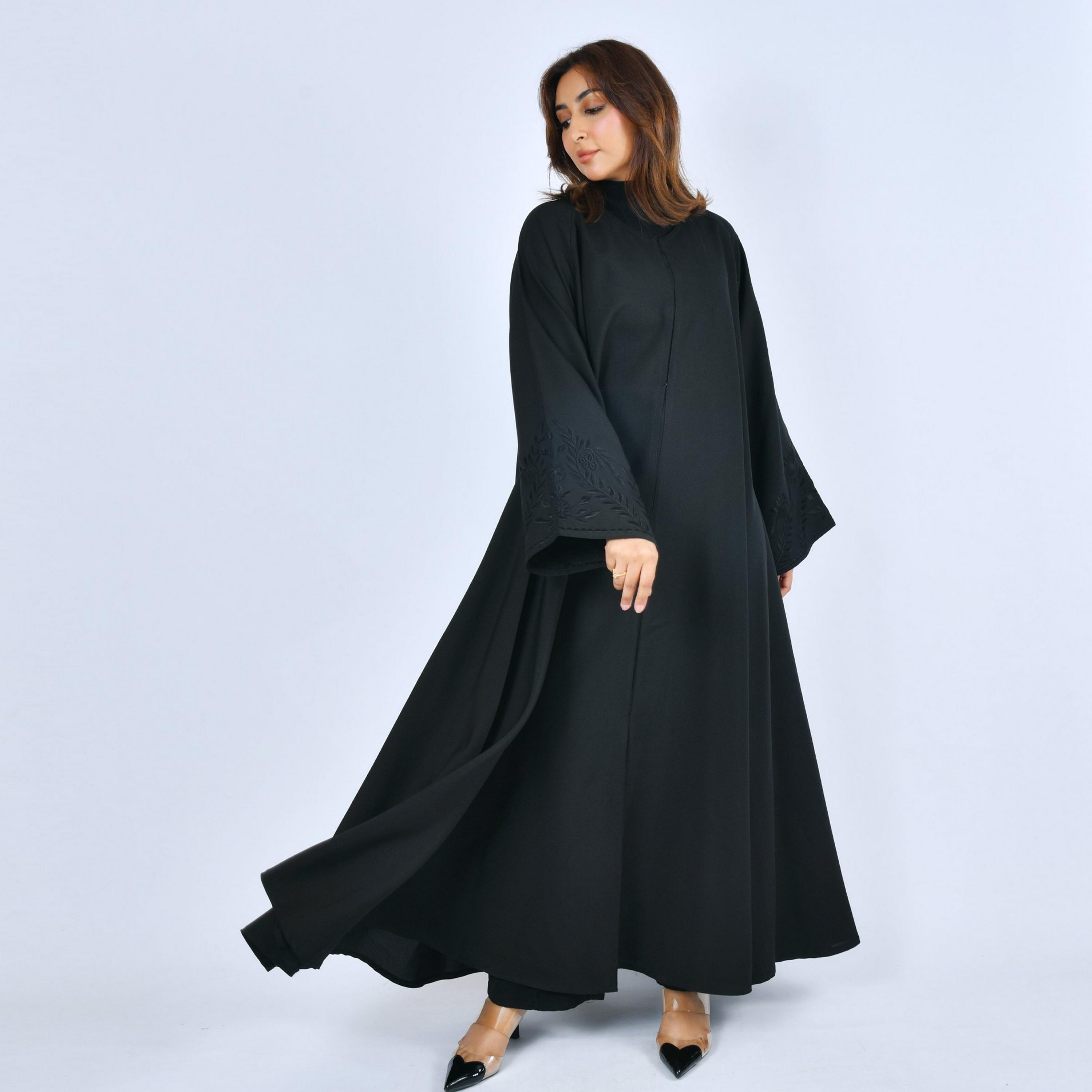 Lamha Black Wide Embroidered Sleeves Linen Women's Cloche Cut Abaya-women-arabicclothing-abayas-image-4