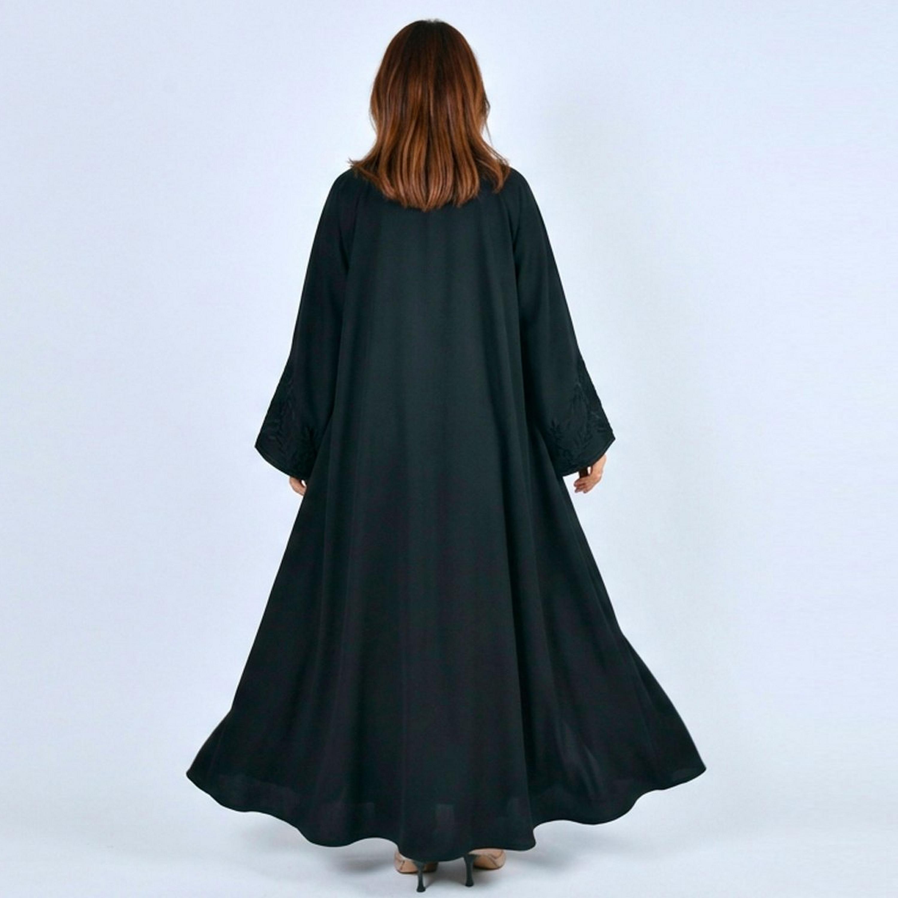 Lamha Black Wide Embroidered Sleeves Linen Women's Cloche Cut Abaya-women-arabicclothing-abayas-image-5