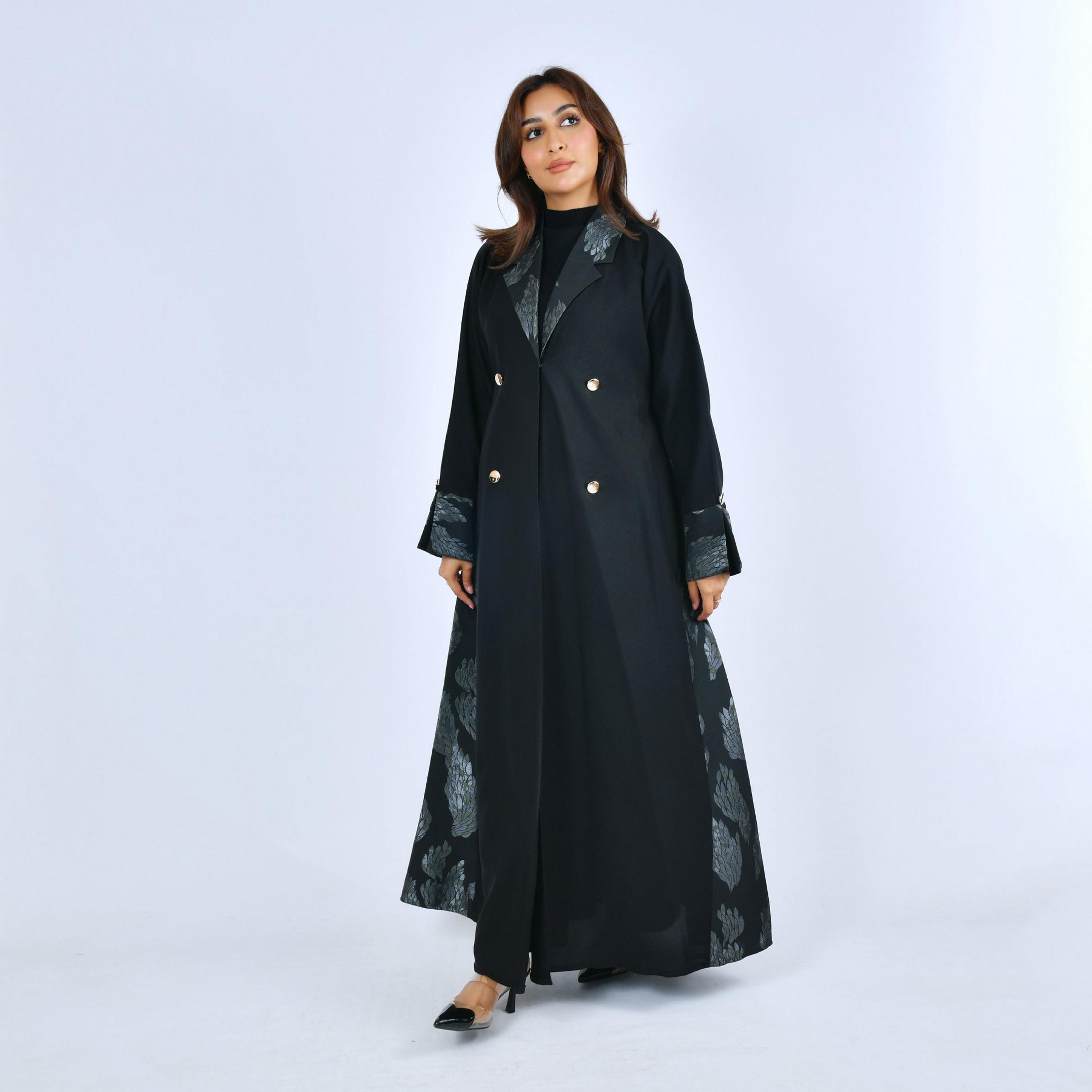 Lamha Black Colour Blocked Lapel Collar Linen Women's Formal Abaya-women-arabicclothing-abayas-image-1