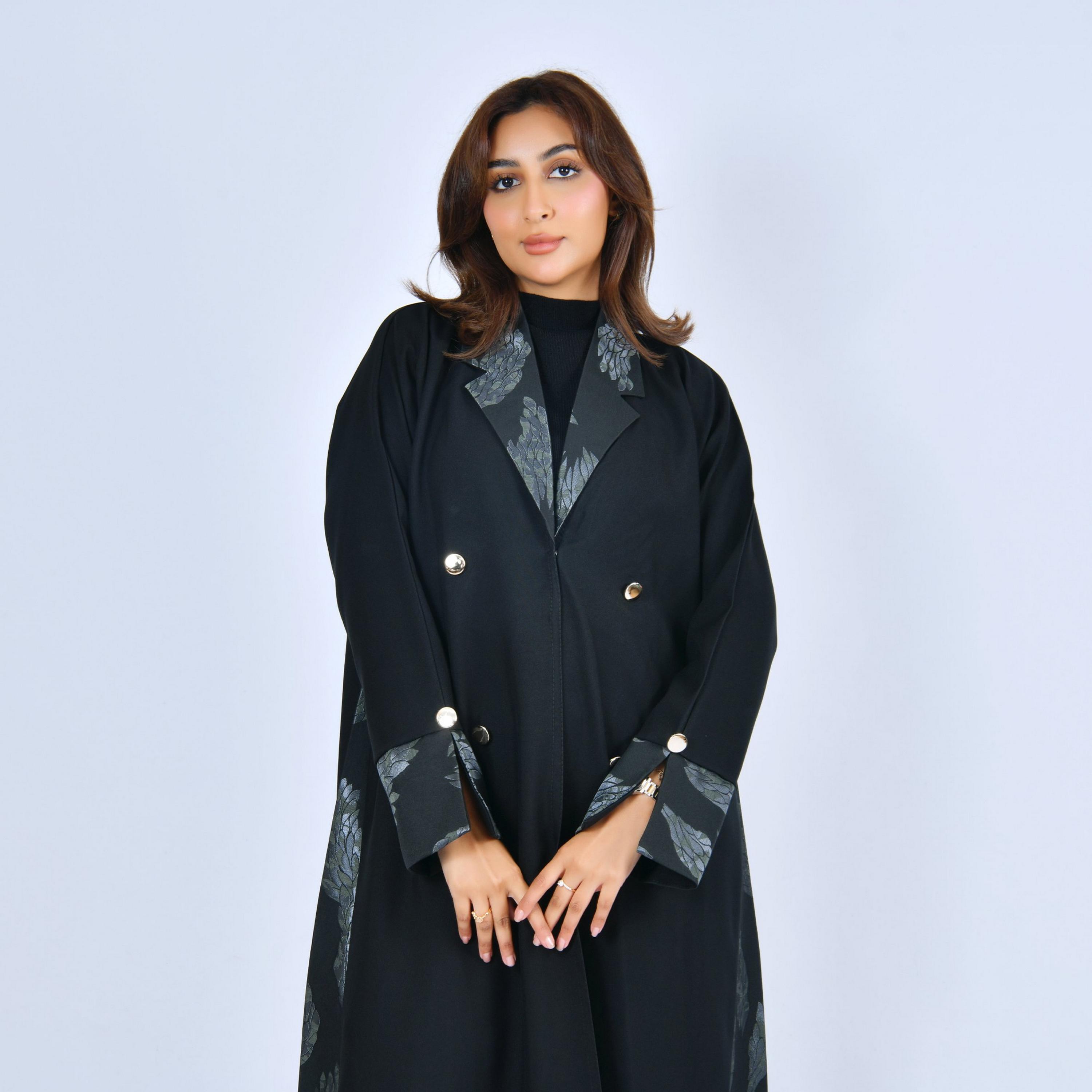Lamha Black Colour Blocked Lapel Collar Linen Women's Formal Abaya-women-arabicclothing-abayas-image-2