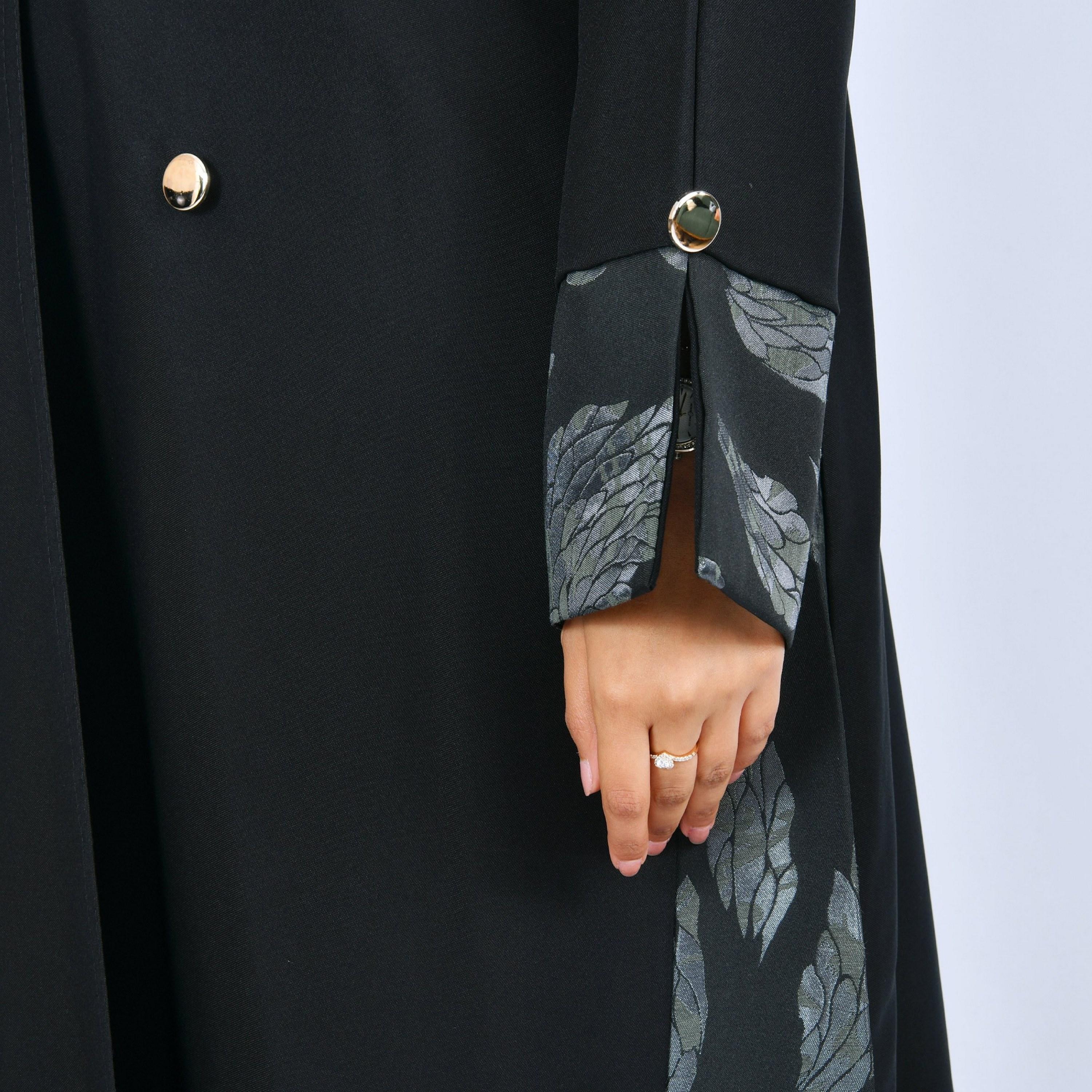 Lamha Black Colour Blocked Lapel Collar Linen Women's Formal Abaya-women-arabicclothing-abayas-image-3