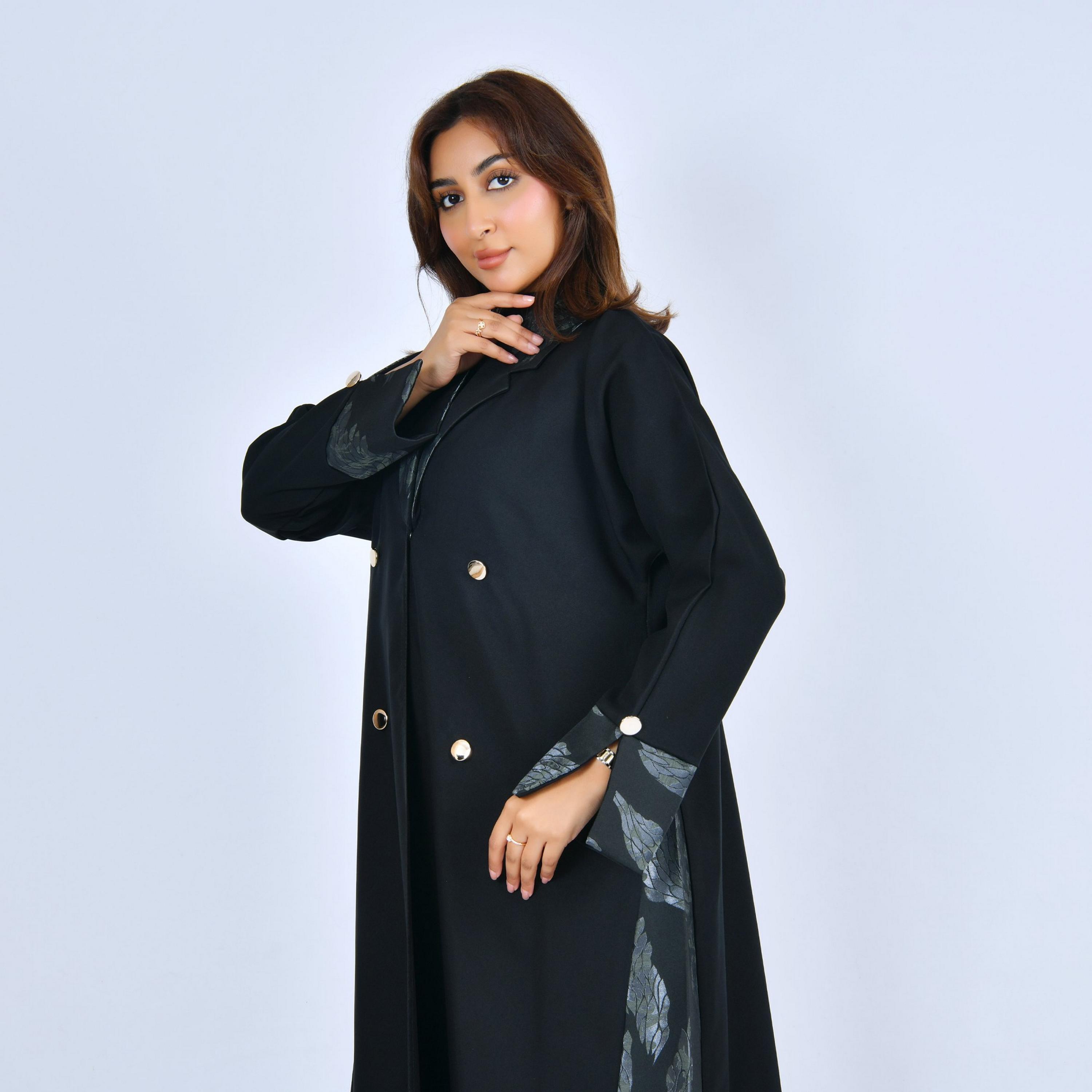 Lamha Black Colour Blocked Lapel Collar Linen Women's Formal Abaya-women-arabicclothing-abayas-image-4