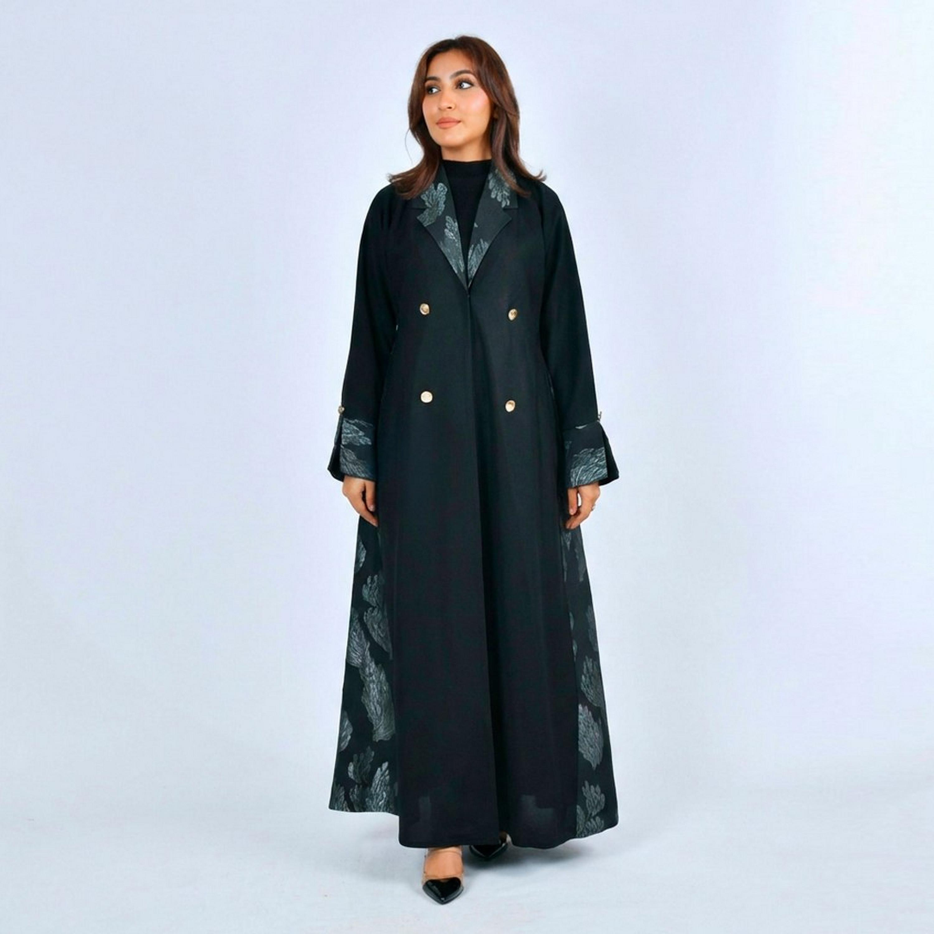 Lamha Black Colour Blocked Lapel Collar Linen Women's Formal Abaya-women-arabicclothing-abayas-image-5