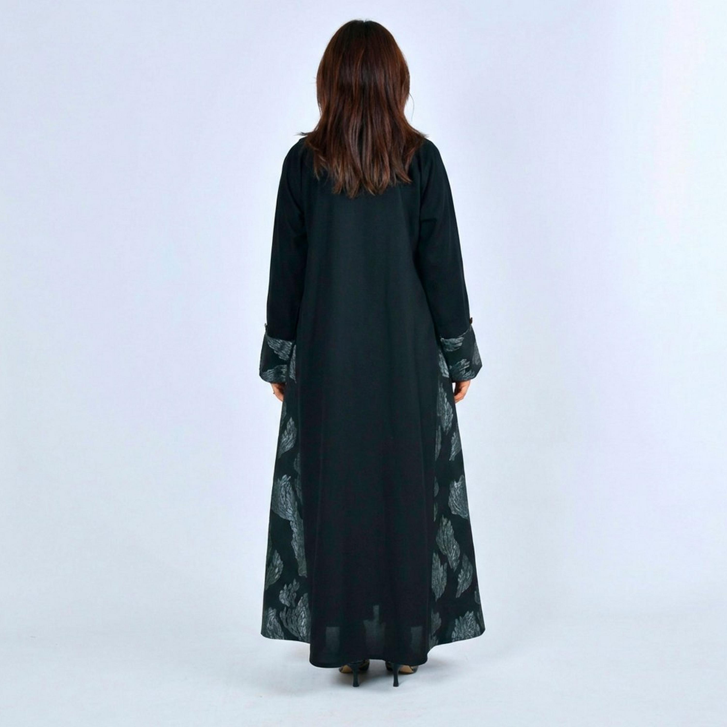 Lamha Black Colour Blocked Lapel Collar Linen Women's Formal Abaya-women-arabicclothing-abayas-image-6