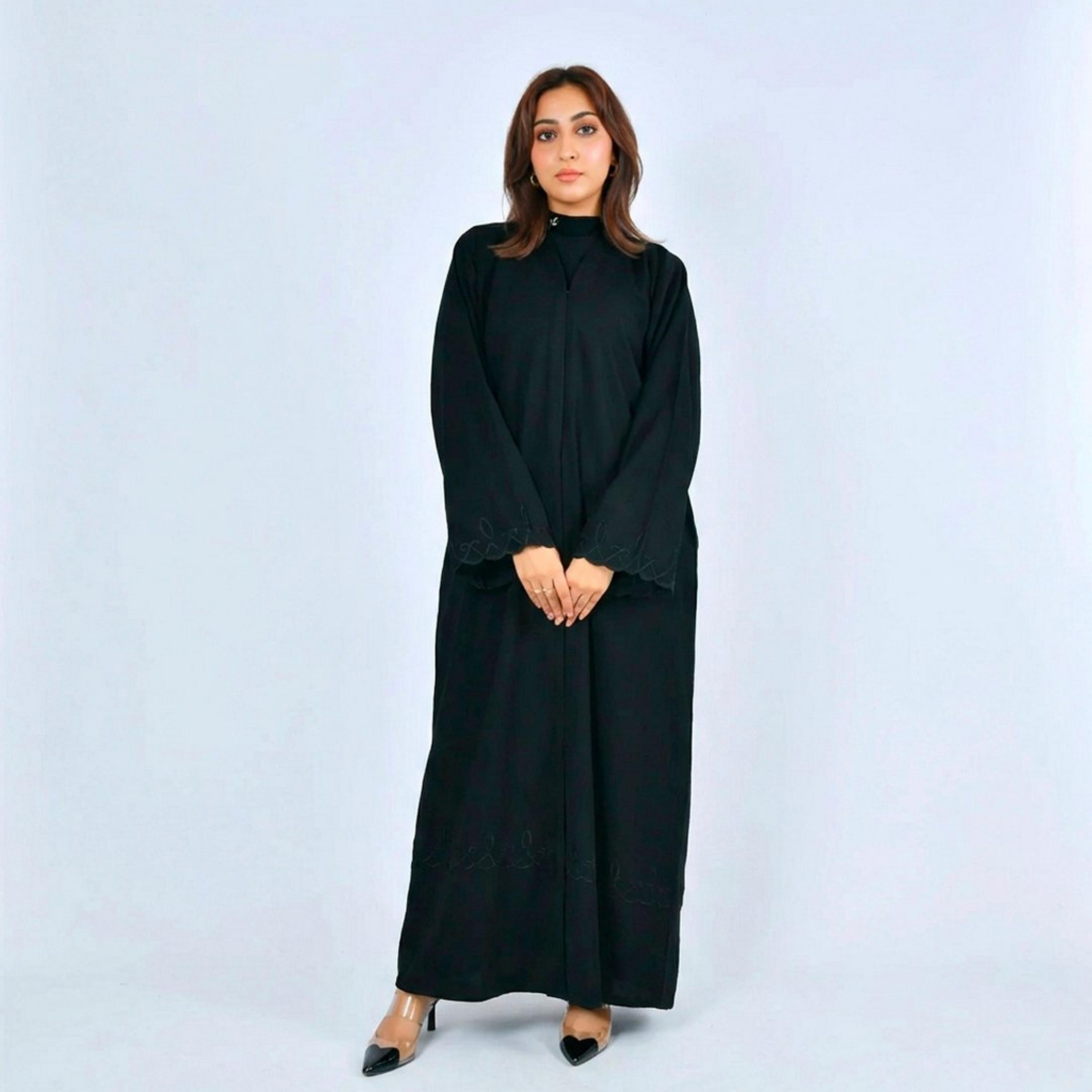 Lamha Black Embroidered Flared Sleeves Linen Women's Abaya-women-arabicclothing-abayas-image-1