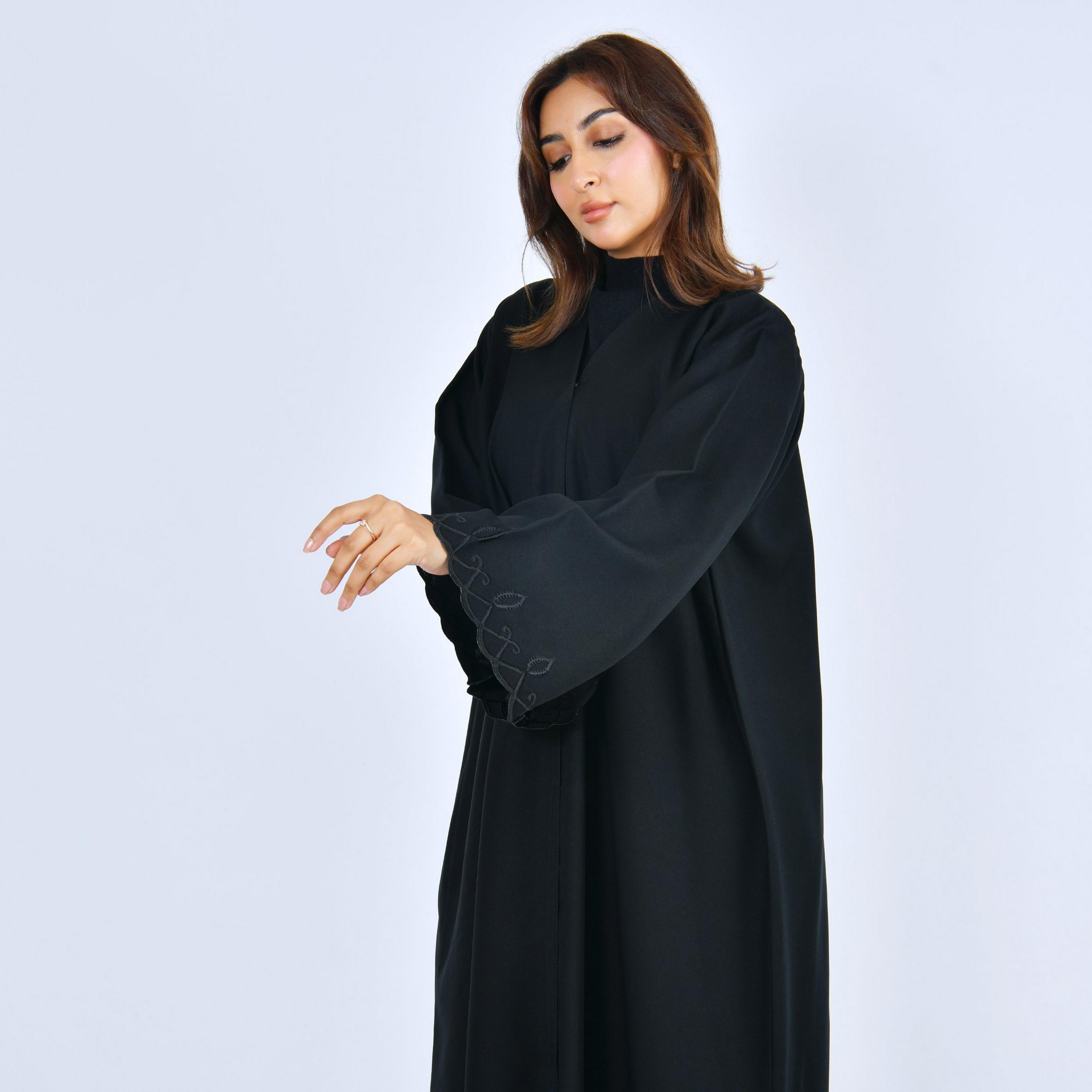 Lamha Black Embroidered Flared Sleeves Linen Women's Abaya-women-arabicclothing-abayas-image-2
